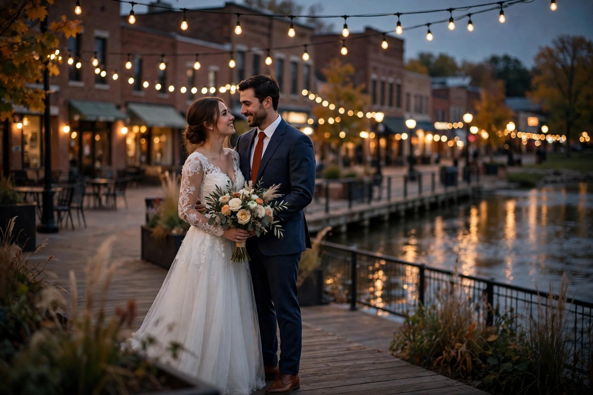 Bride and groom on the Naperville Riverwalk at golden hour with downtown lights behind them