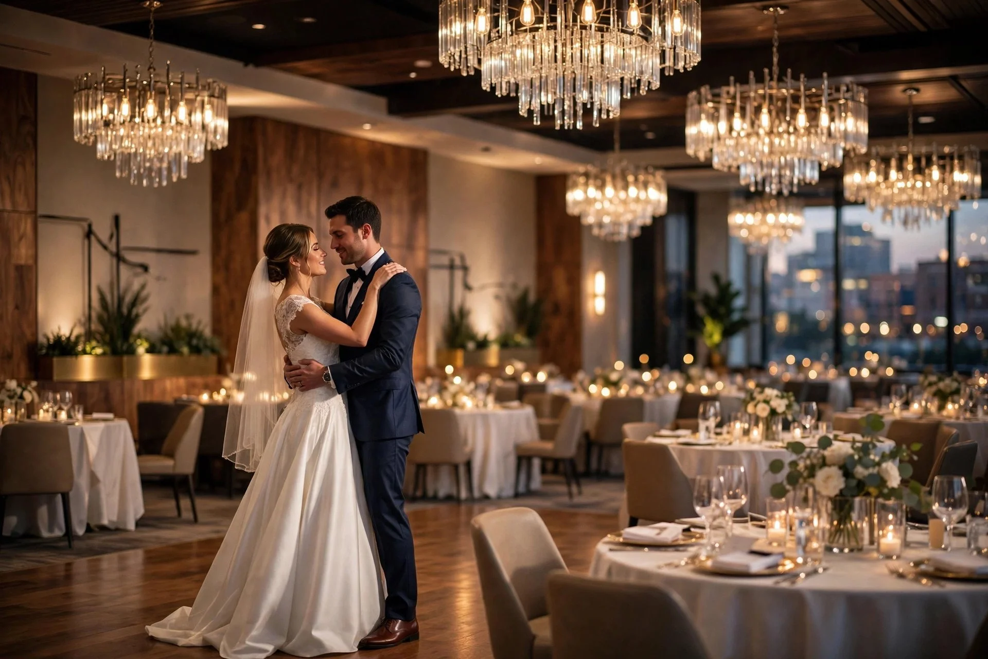 Bride and groom's first dance in a luxurious modern hotel ballroom with chandeliers
