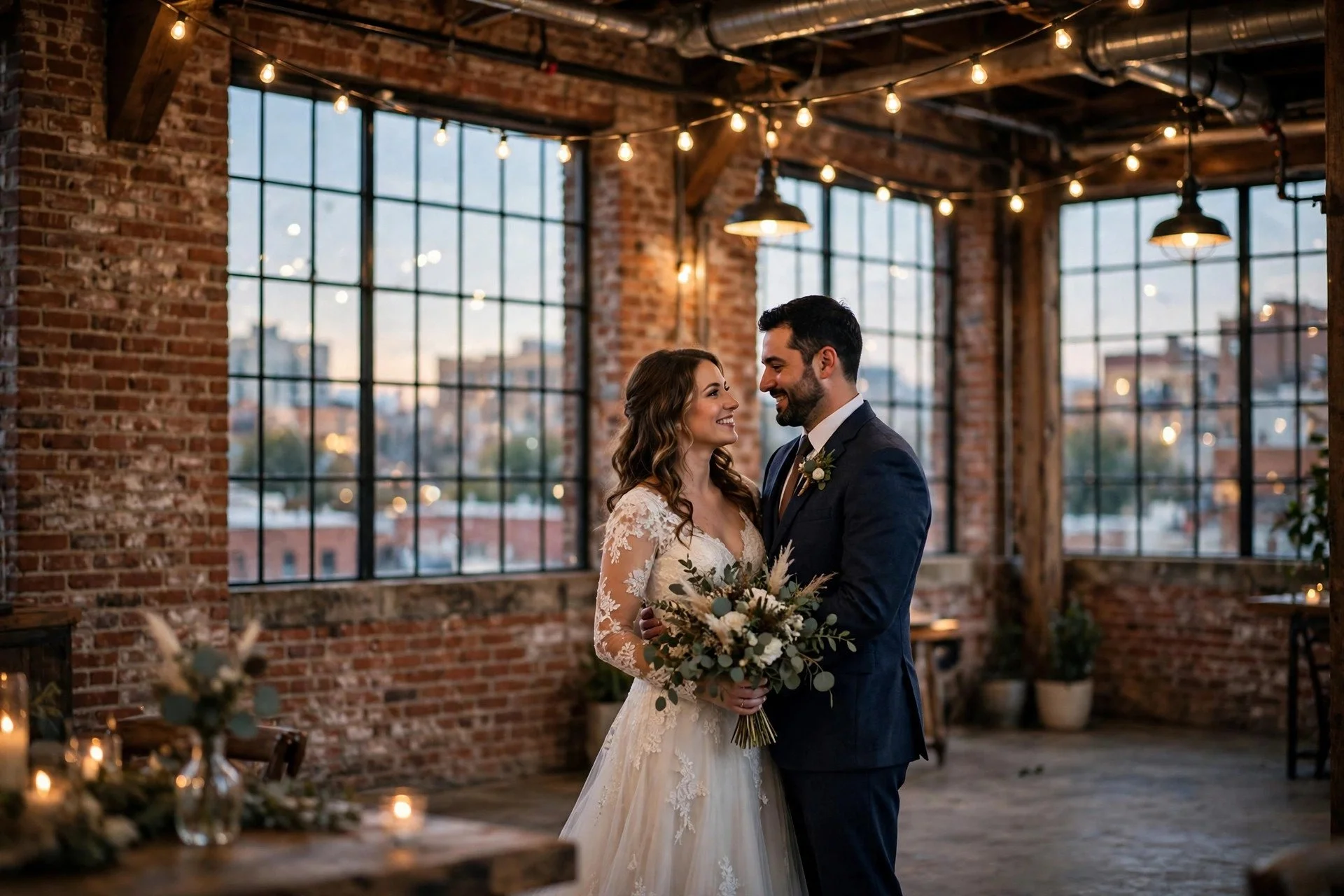 Bride and groom in an industrial brick warehouse wedding venue with large steel windows