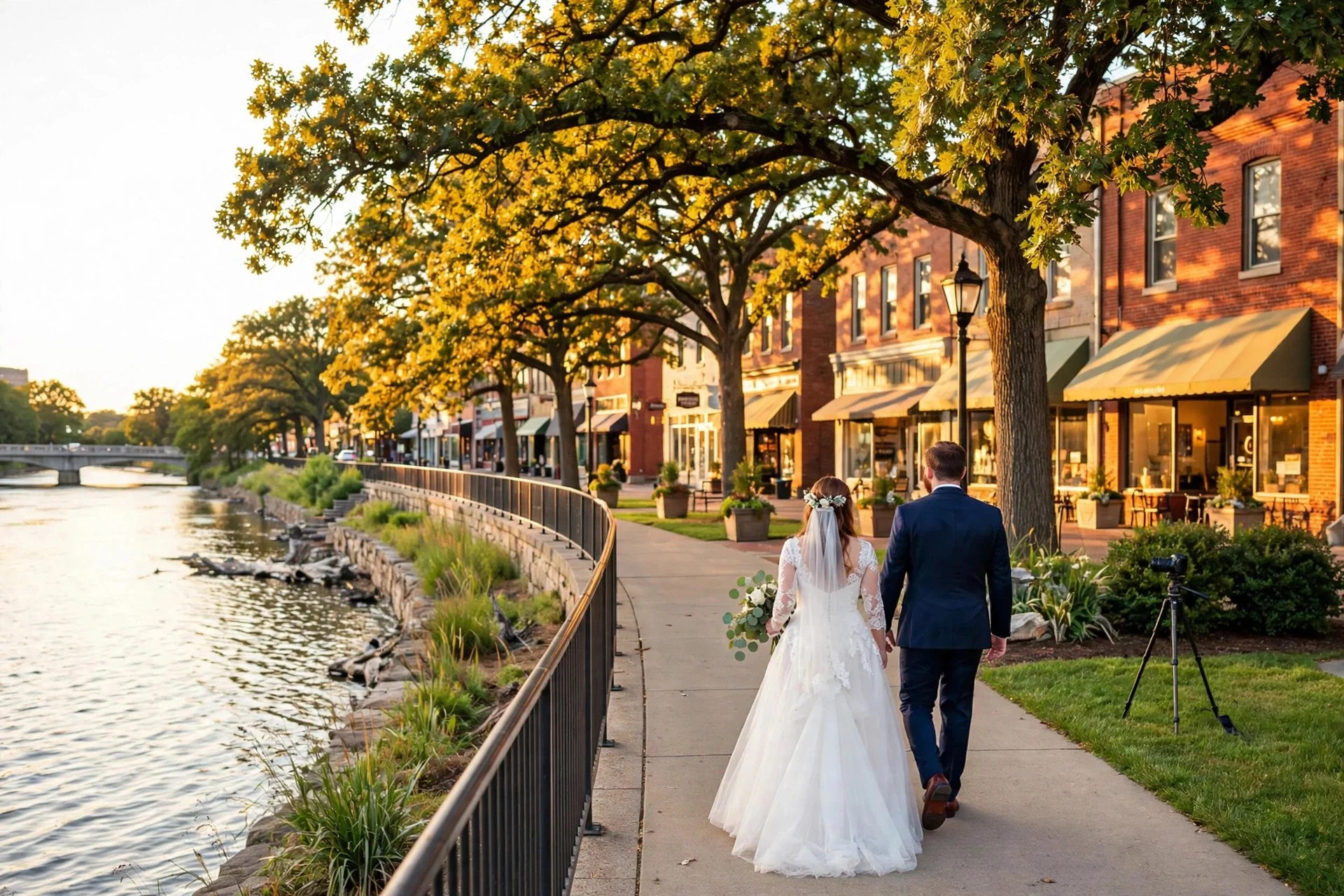 Bride and groom walking along the Fox River Riverwalk in downtown Batavia, Illinois at golden hour, with brick storefronts, oak trees and a small DSLR camera on a tripod filming discreetly