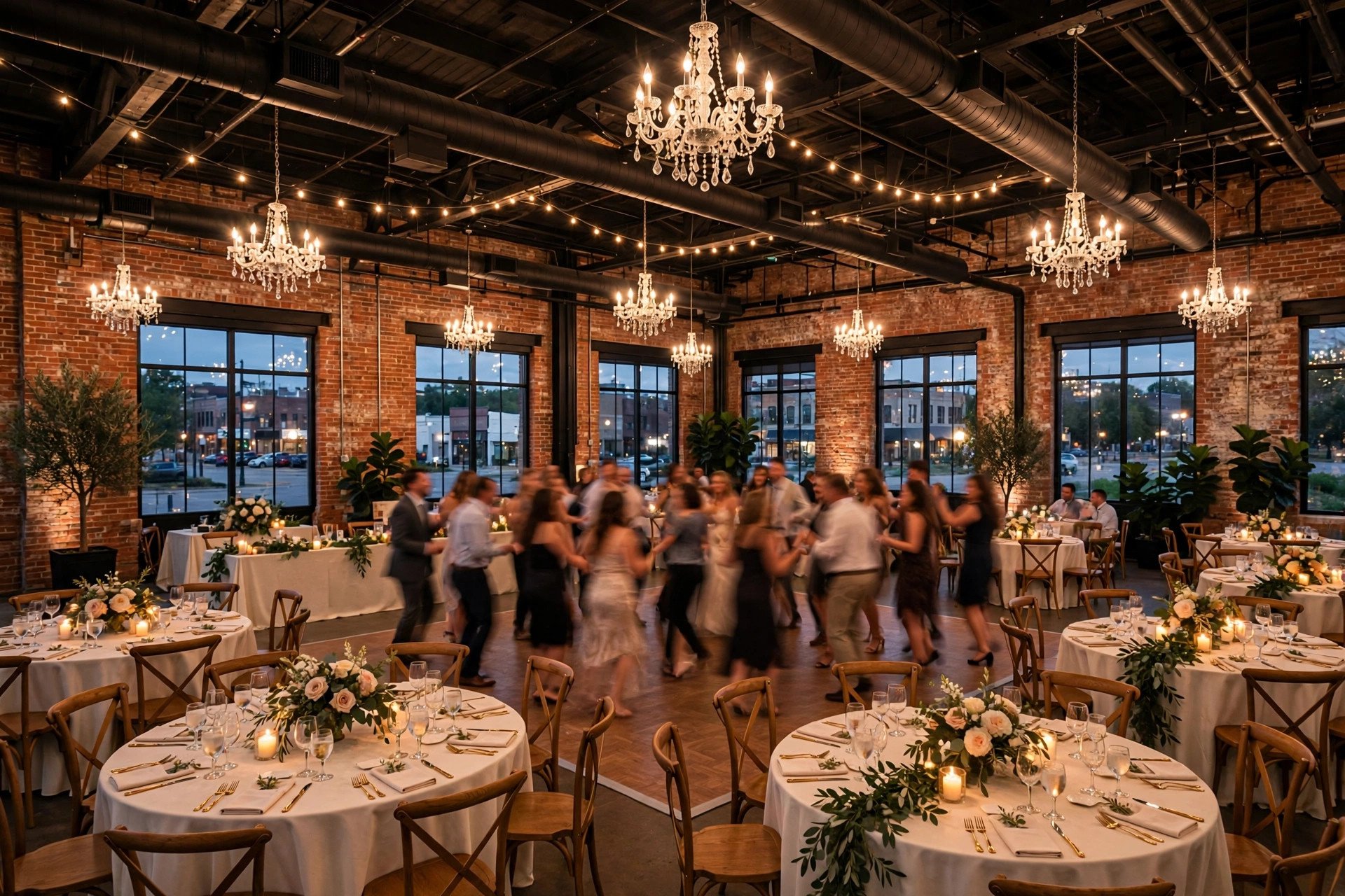 Elegant wedding reception inside an industrial-chic brick hall in downtown Plainfield, Illinois, with chandeliers, round tables and guests dancing