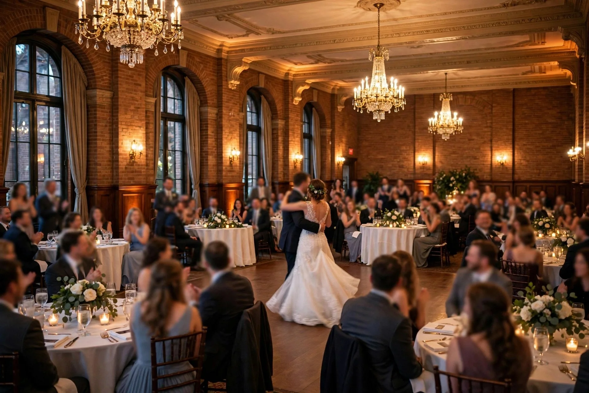 Elegant wedding reception in a Lombard ballroom with a large dance floor, warm uplighting, and guests celebrating under chandeliers