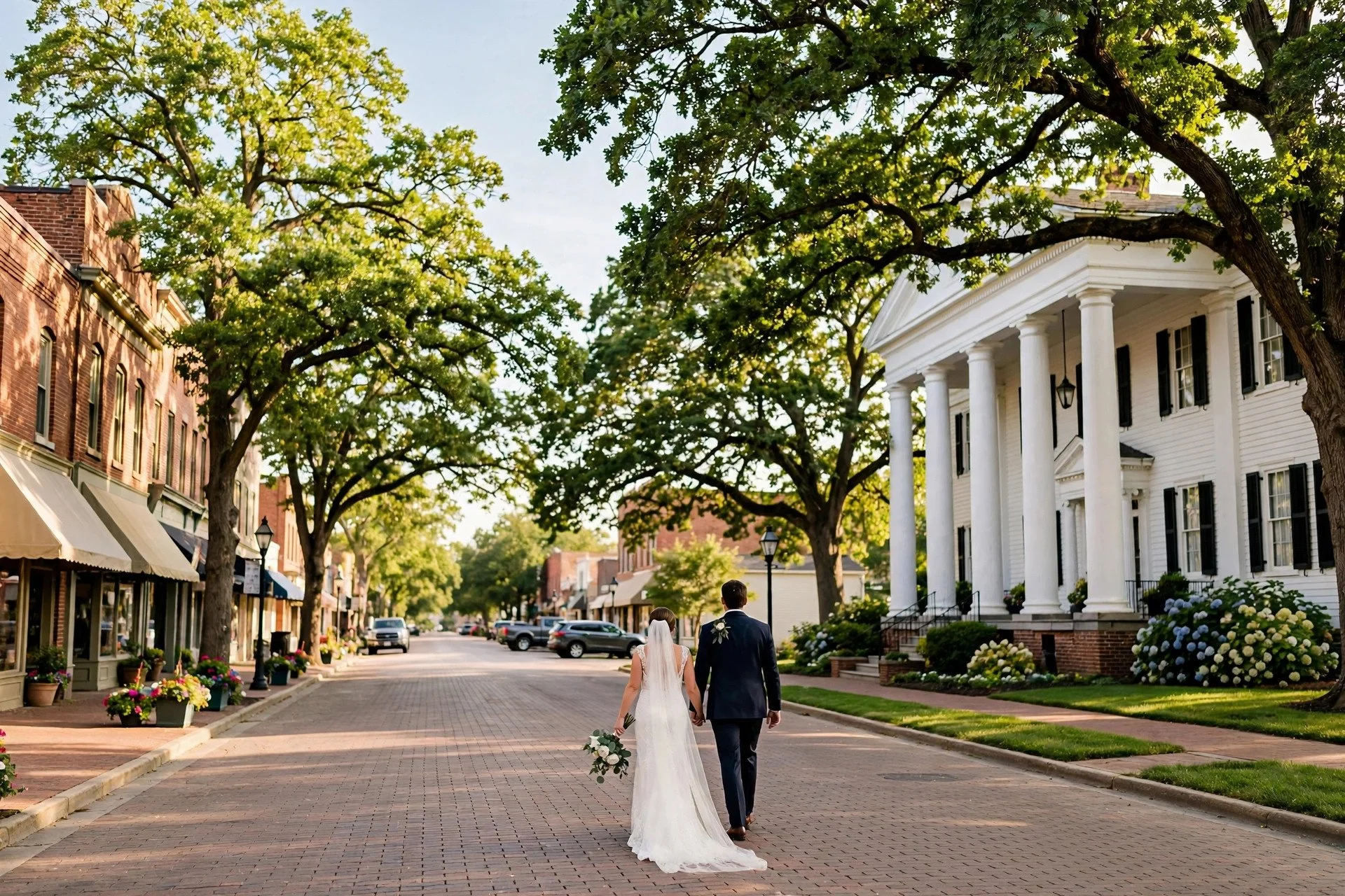Bride and groom walking past the historic white mansion and brick Main Street in downtown Barrington, Illinois, with mature oak trees