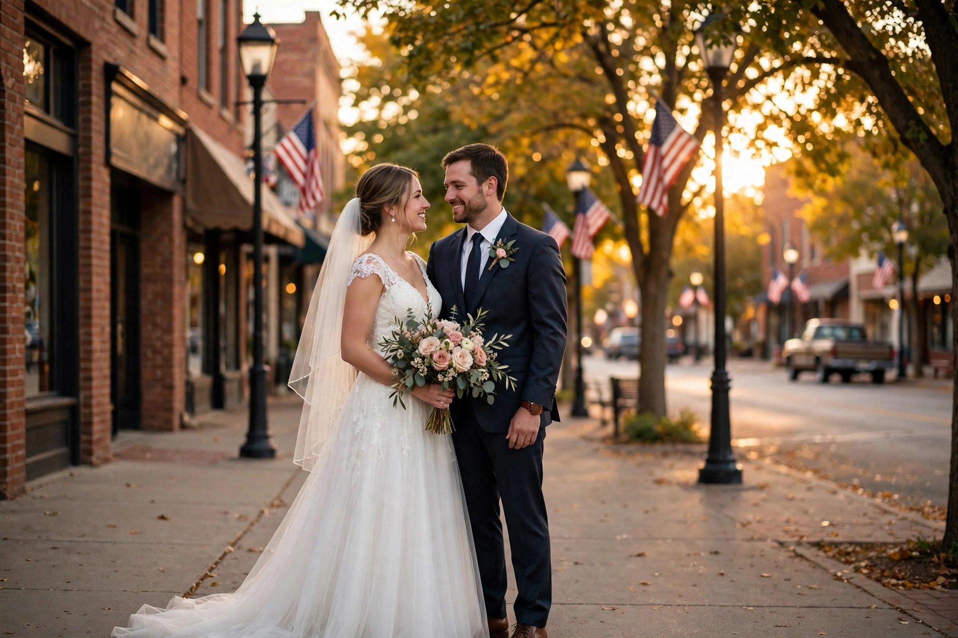 Outdoor wedding ceremony on manicured golf course grounds at golden hour