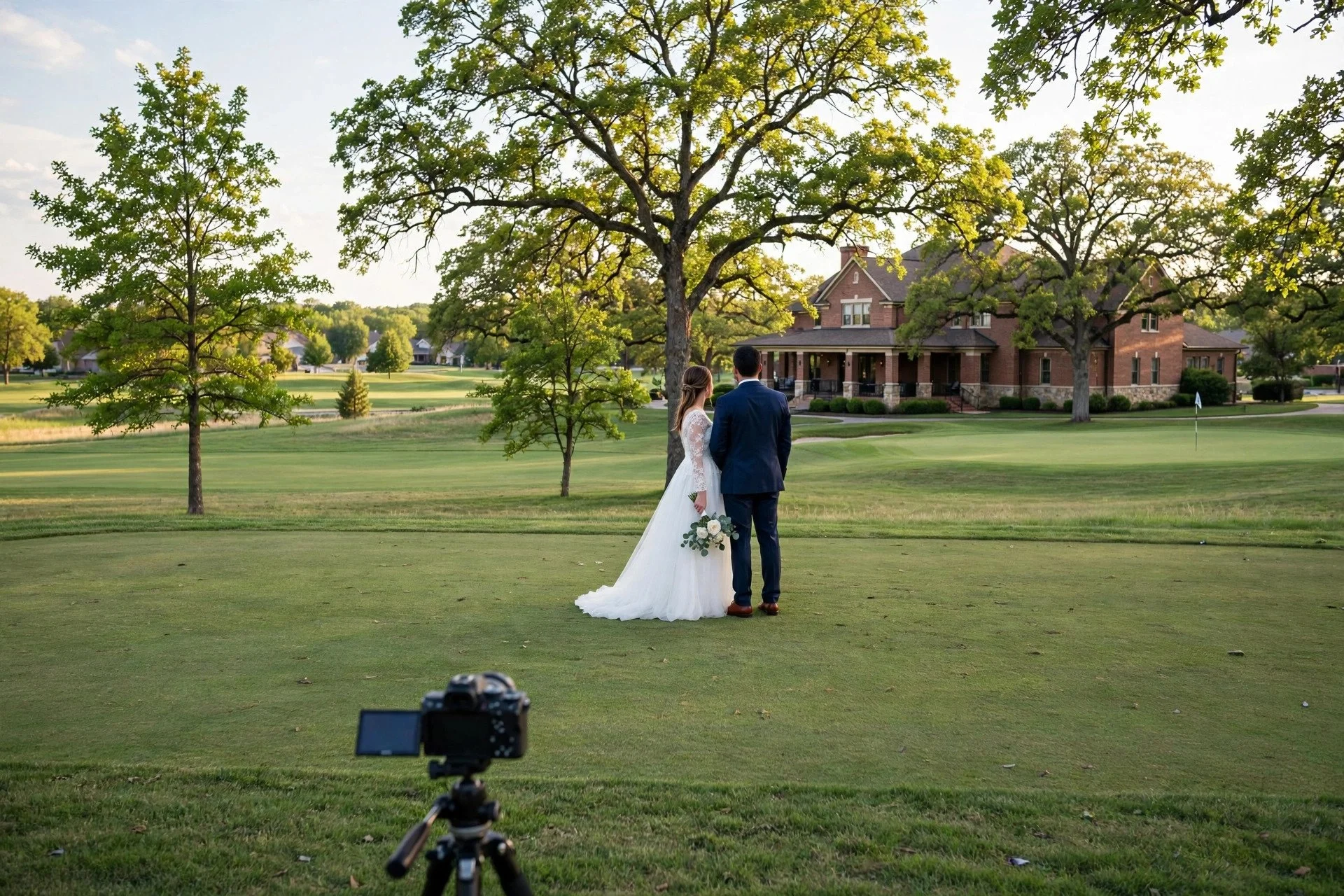 Bride and groom on the golf course grounds at The Odyssey in Tinley Park, Illinois, with oak trees, a brick clubhouse and a small DSLR camera on a tripod filming discreetly