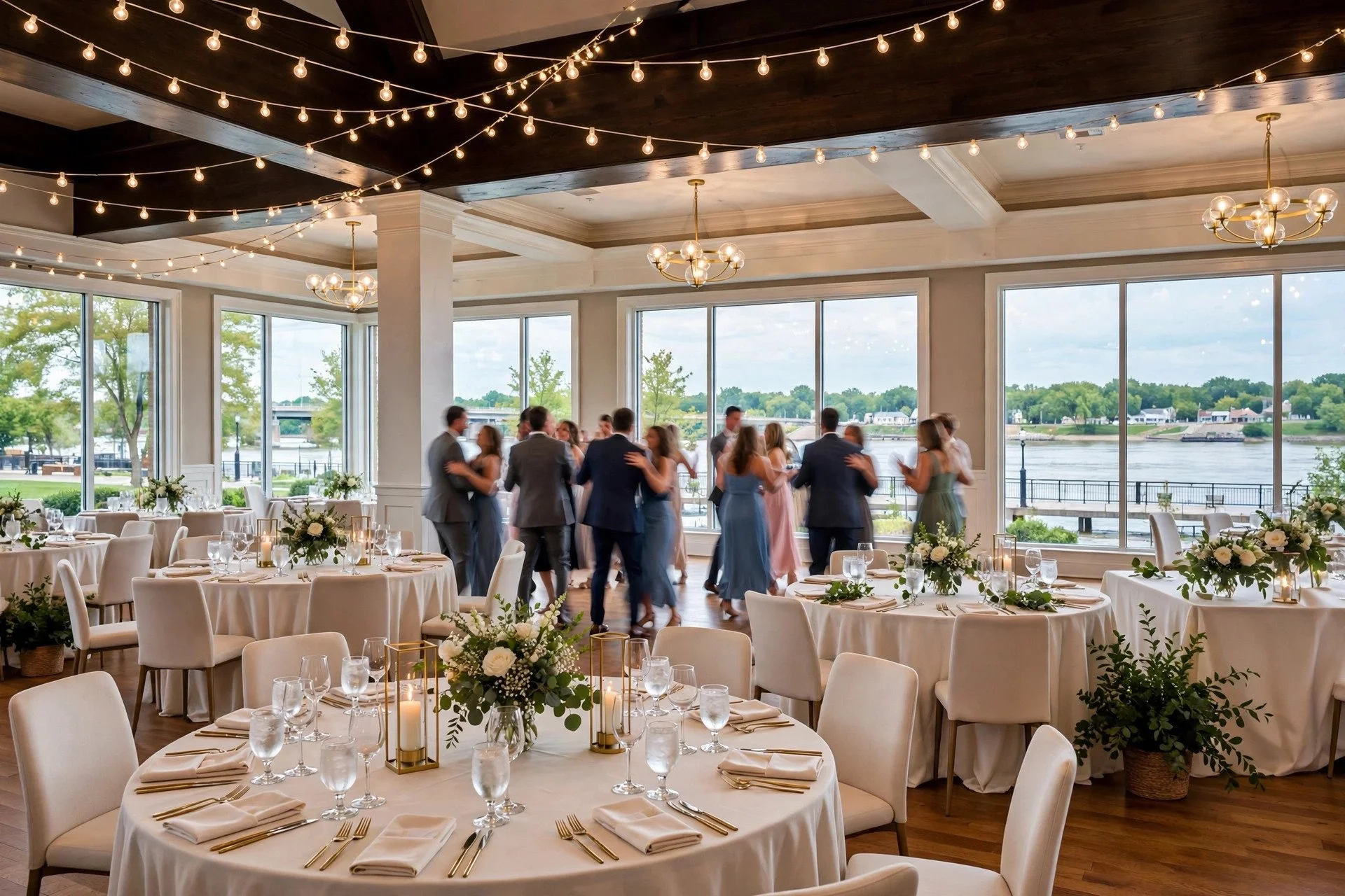 Elegant wedding reception inside a bright riverfront ballroom in Batavia, Illinois, with round tables, string lights and guests dancing near windows overlooking the Fox River