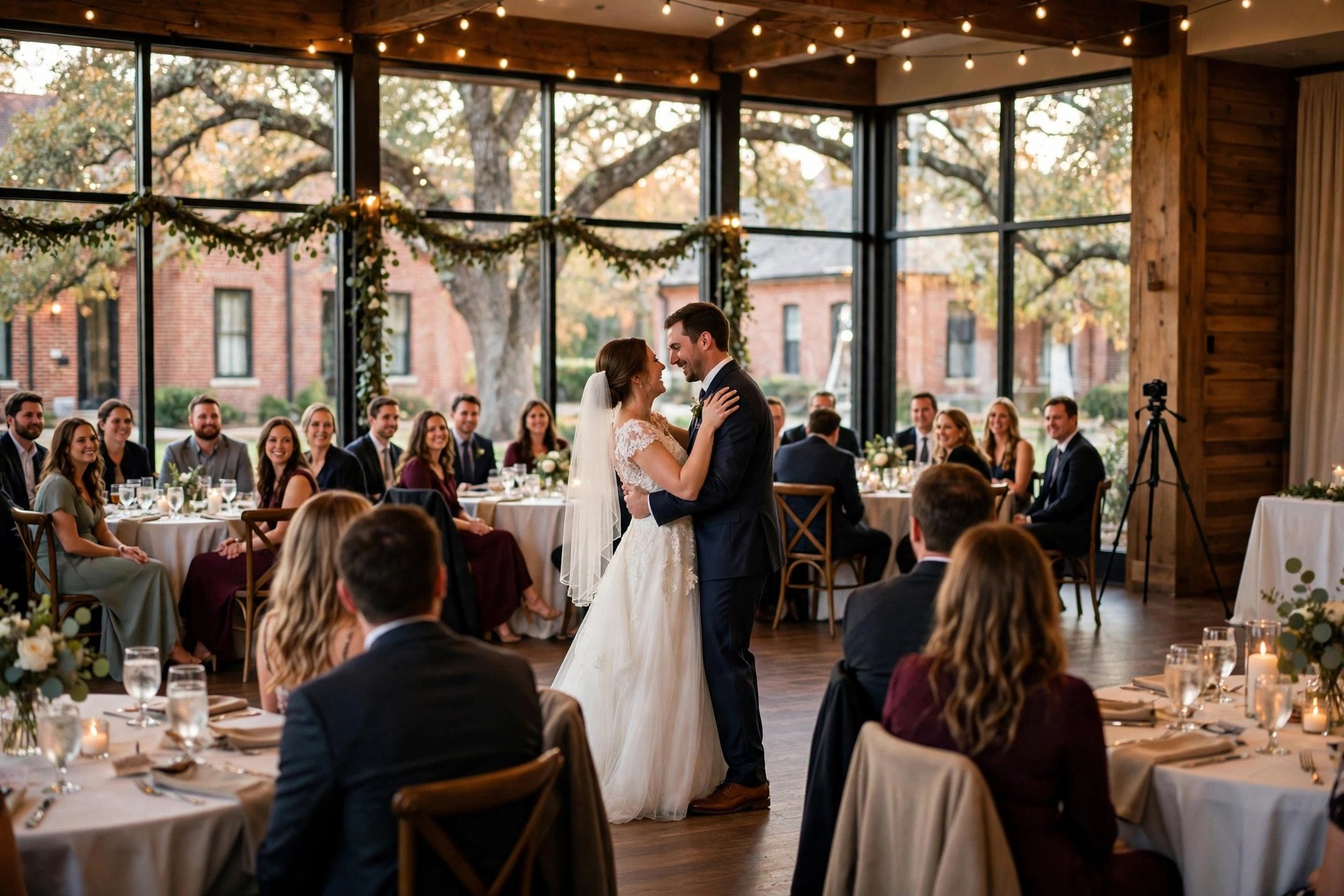 Wedding couple watching their highlight film together at a suburban Midwest ballroom reception, with a small DSLR camera on a tripod nearby and oak trees visible through the windows.