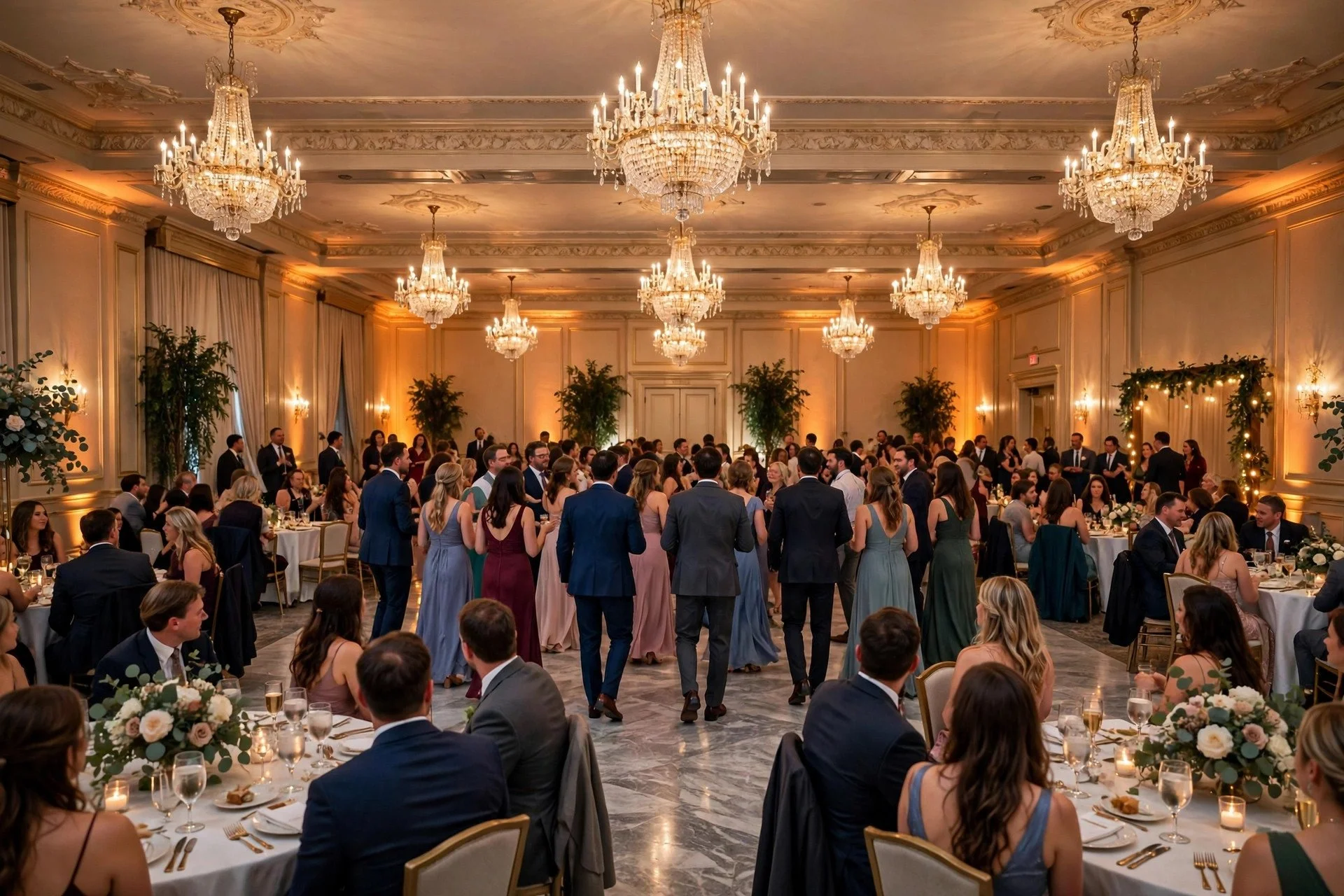 Elegant wedding reception in a Des Plaines banquet ballroom with chandeliers, a marble dance floor, and guests celebrating in warm uplighting
