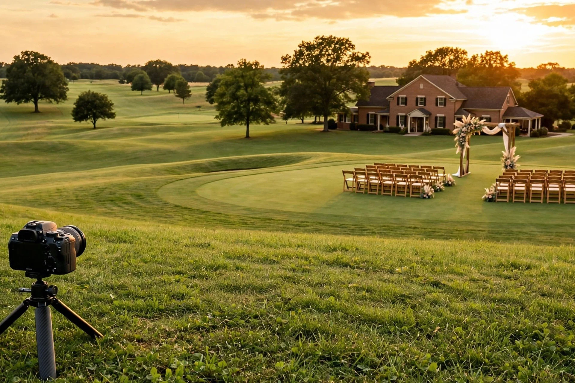 Small DSLR camera on a tripod filming an outdoor wedding ceremony on a manicured country club lawn at golden hour