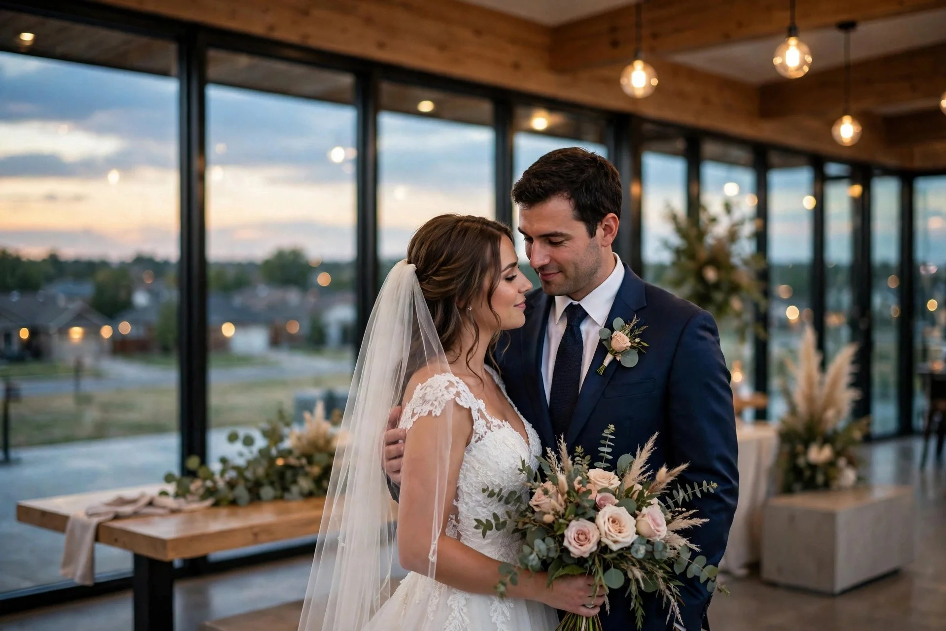 Bride and groom portraits outside a grand suburban hotel at dusk