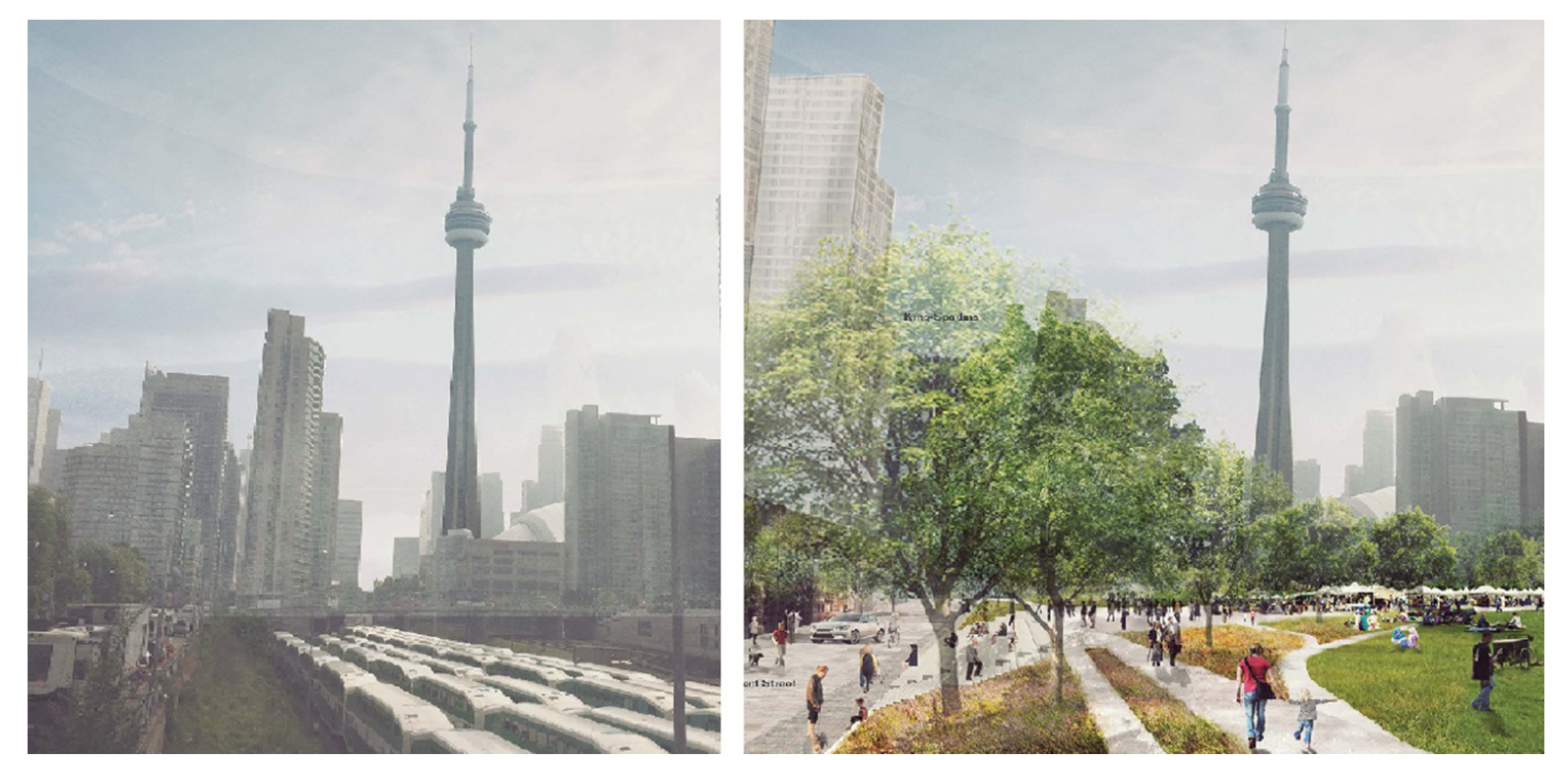 A before and after shot of Rail Deck Park (courtesy of PUBLIC WORK)