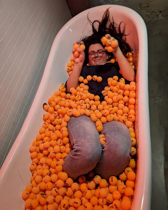 At company outing ➡️ jump into bathtub filled with ping pong balls ➡️ it&rsquo;s my second-to-last day, what are they gonna do, fire me? 🏓