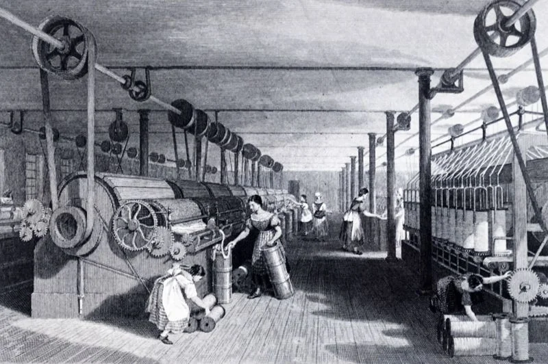 This steam-powered cotton factory, pictured in 1830, relied on an intricate set of belts and gears.