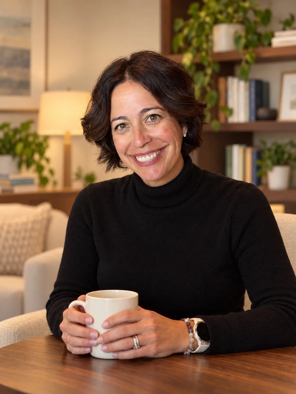 Megan Irvin, LMFT, smiling at a table with a mug