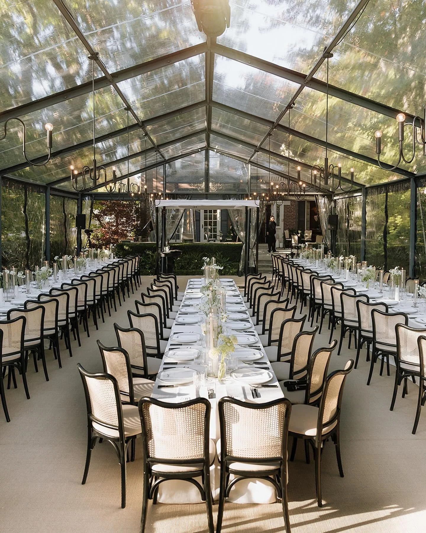 This might just be our dream wedding setup!  A private property reception under clear top tent, long tables and our Black Theo chairs.

@bsimkova @kiera.caruso @stemzflowers @nextleveltent