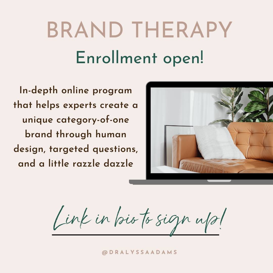 Brand Therapy uses psychology driven tools to help you create your expert brand so you can stand out authentically (even in the most saturated markets), get aligned clients, and make more money as a specialized service.⁠
⁠
During this in-depth online