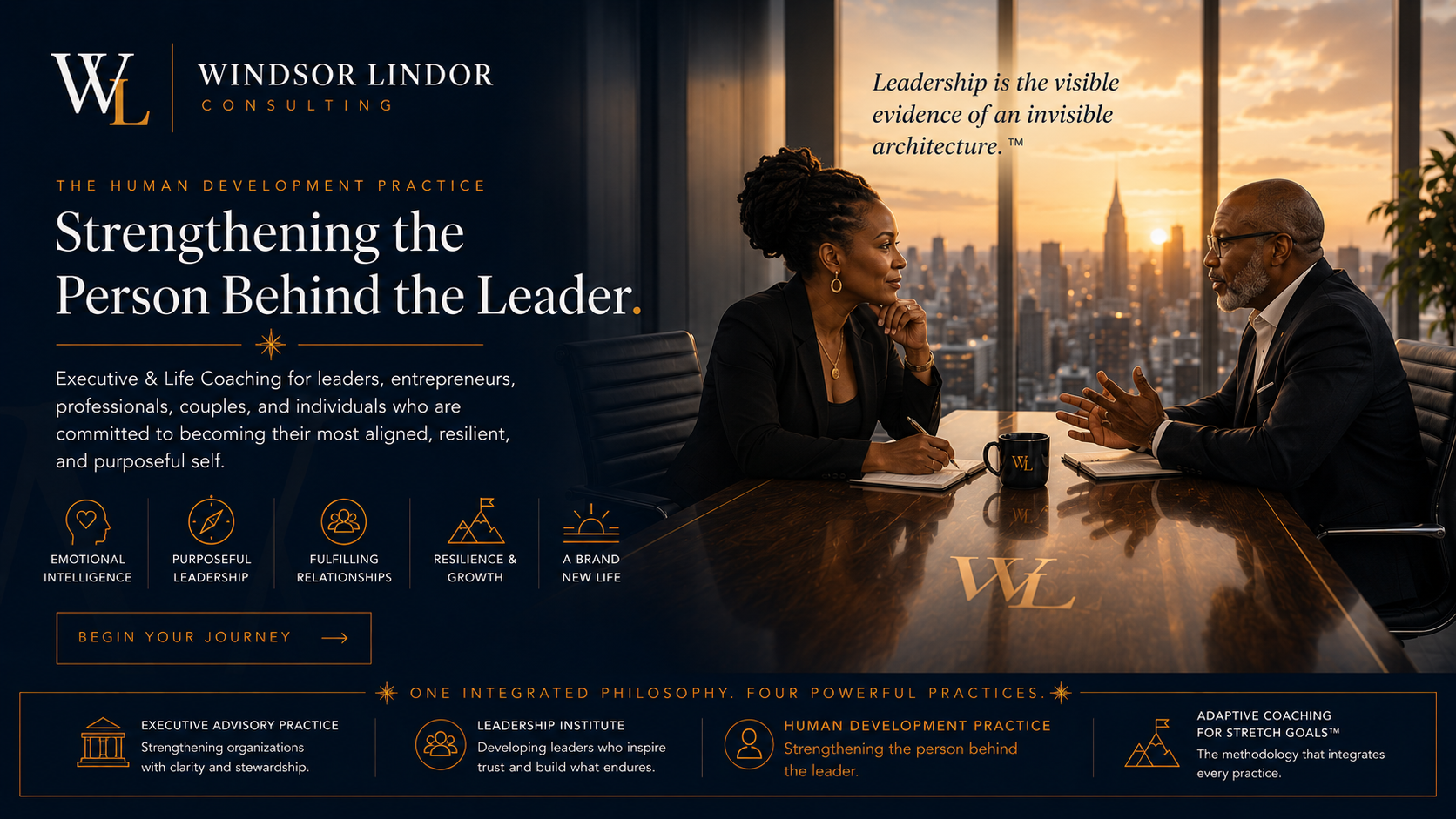 Portraying Windsor Lindor coaching a Black executive woman in a modern executive setting.
