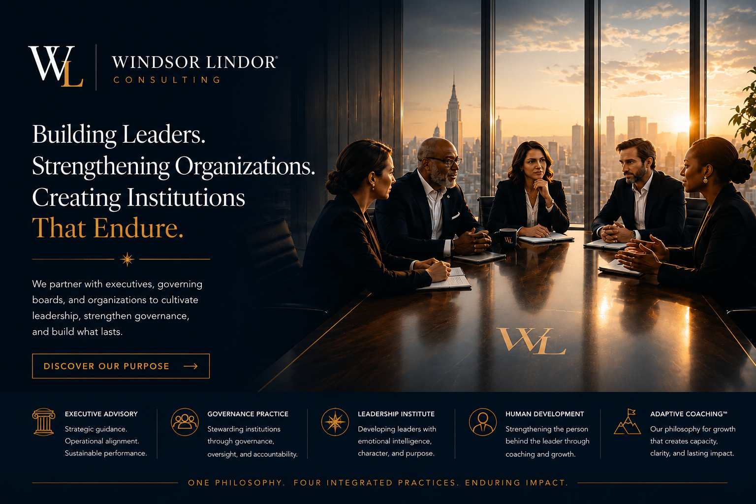 Portraying executive leaders collaborating with strategic clarity, governance, and purpose—representing the firm's integrated practices and commitment to building leaders, strengthening organizations, and creating institutions that endure.