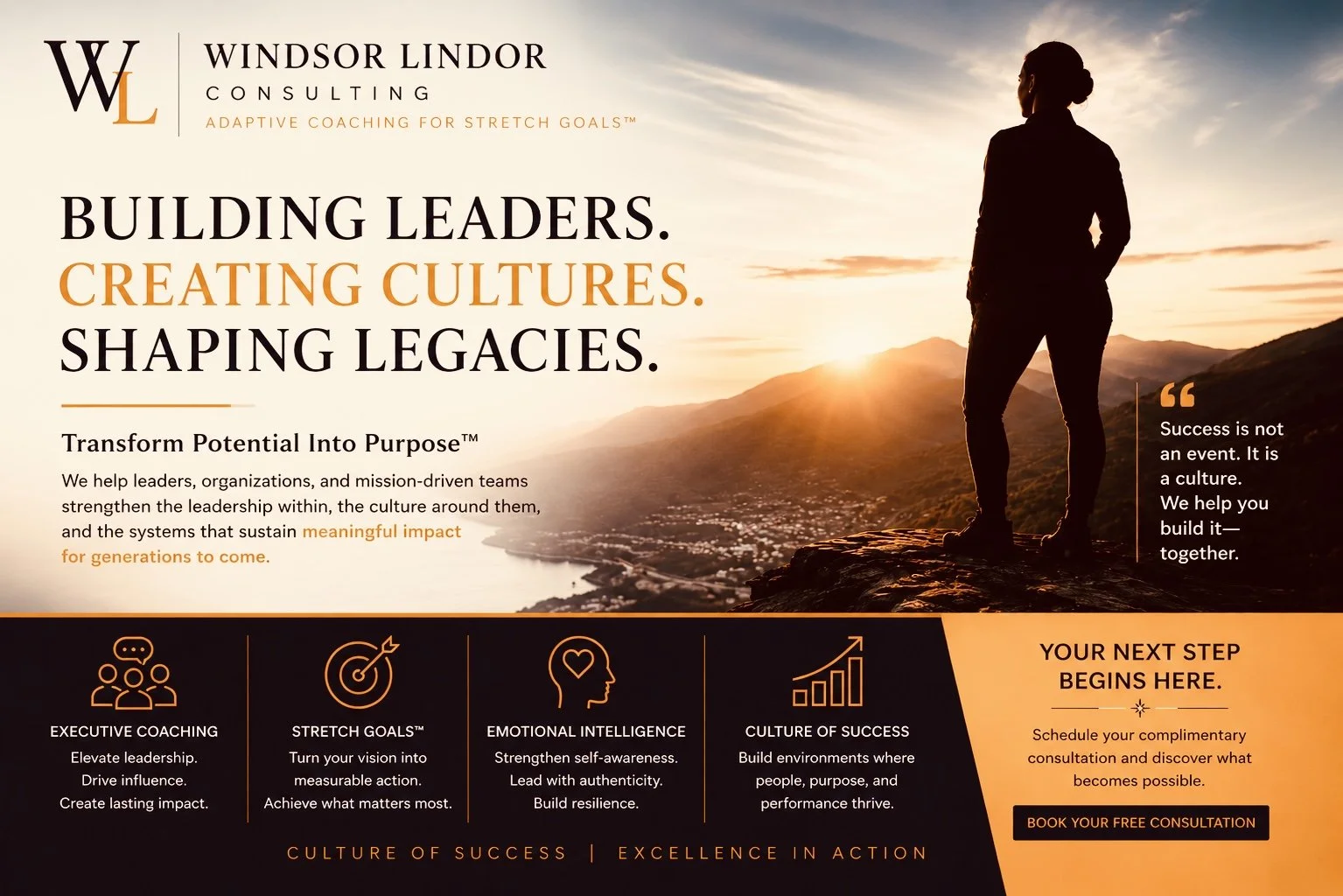 A promotional poster for Windsor Lindor Consulting featuring a silhouette of a woman standing on a mountain at sunset. The poster includes text about leadership, culture, coaching, and success, with an invitation to book a free consultation.