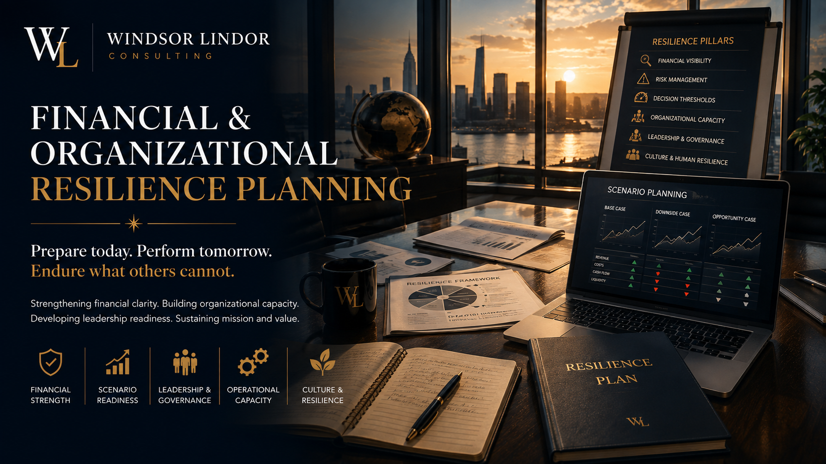 Financial and organizational resilience planning with scenario analysis, leadership readiness, governance, and organizational capacity.