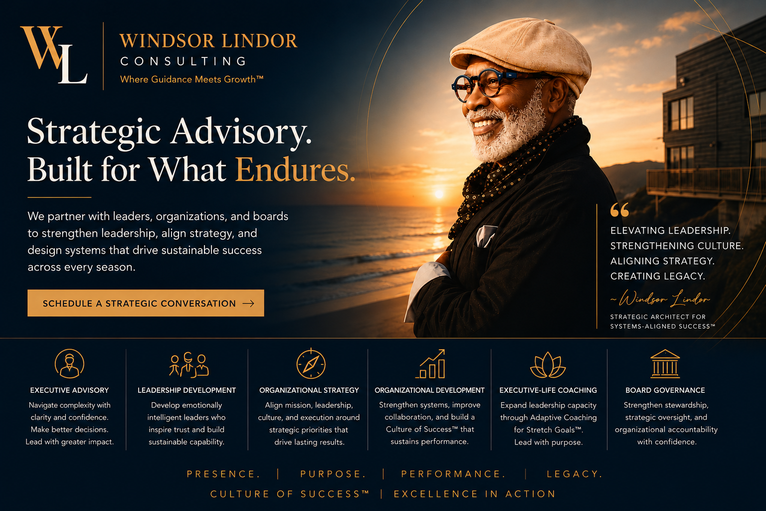Windsor Lindor Consulting's Strategic Advisory page featuring Windsor Lindor, Strategic Consultant, helping leaders, boards, and organizations build enduring leadership, align strategy, and design systems that sustain success across changing seasons.