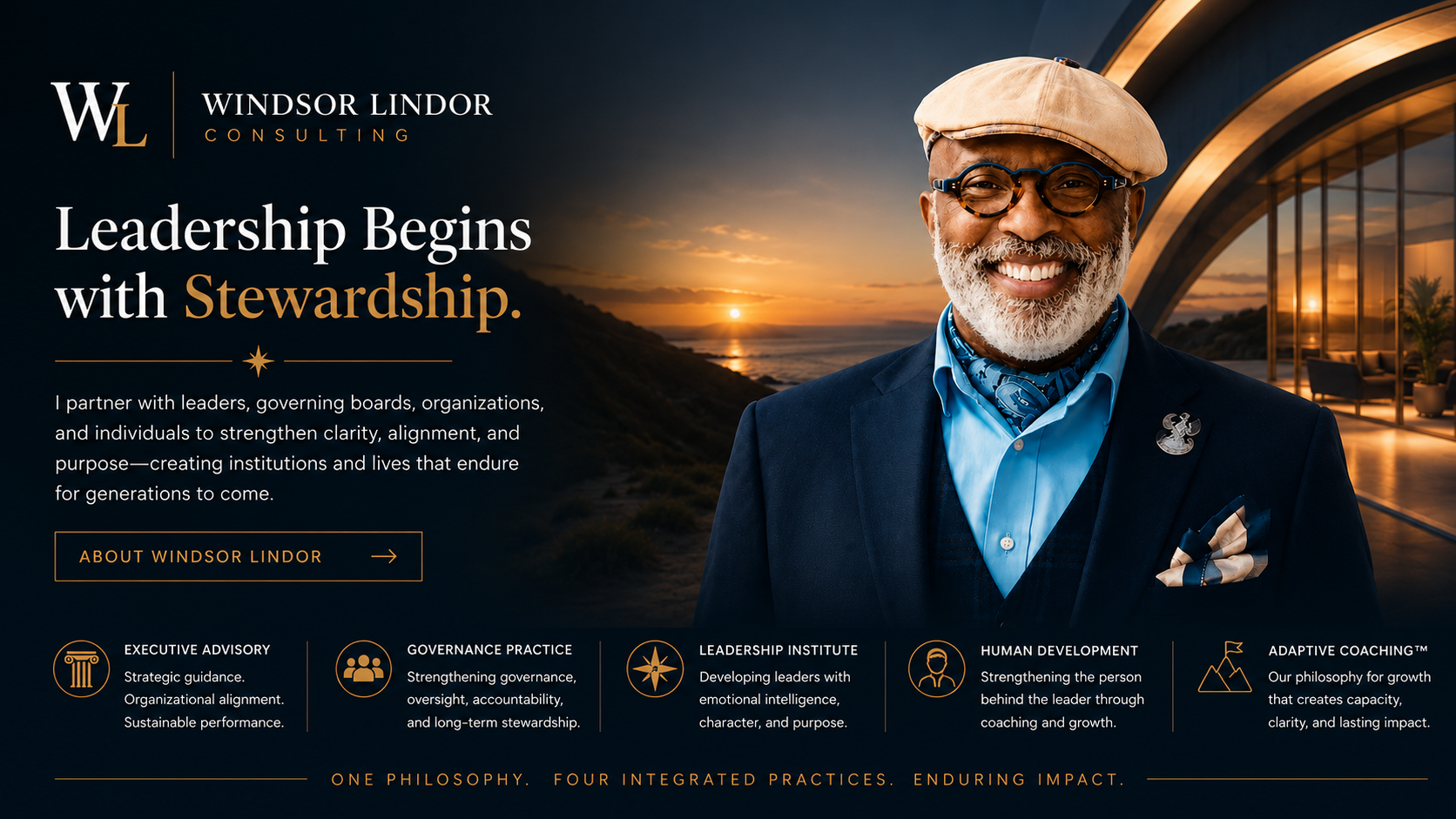 Founder portrait of Windsor Lindor representing leadership, emotional intelligence,  organizational stewardship, and the enduring philosophy behind Windsor Lindor Consulting.