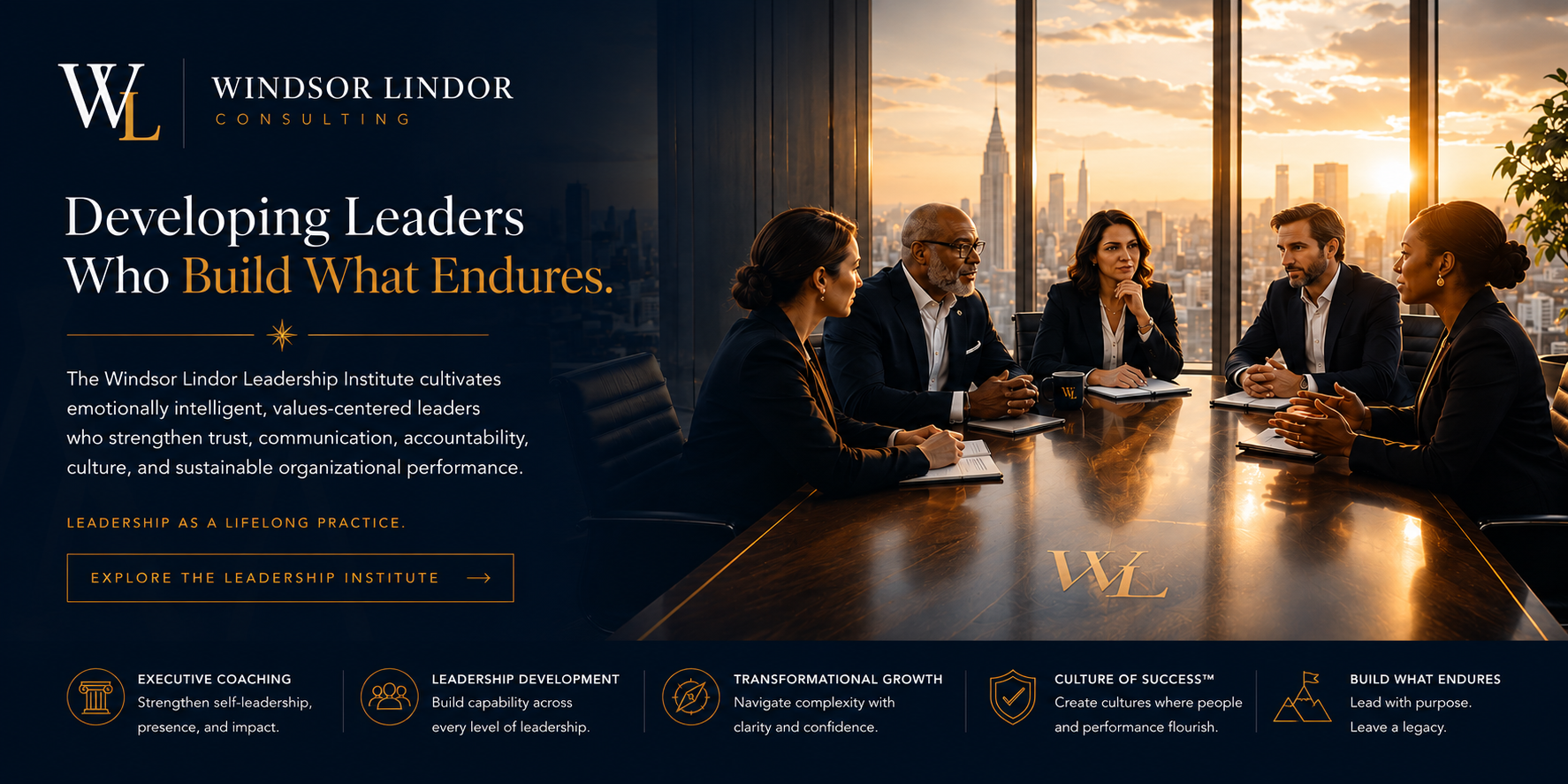 Executive leaders collaborating in a modern boadroom, representing the Windsor Lindor Leadership Institute and its commitment to emotionally intelligent, values-centered leadership, executive coaching, and sustainable organizational performance.