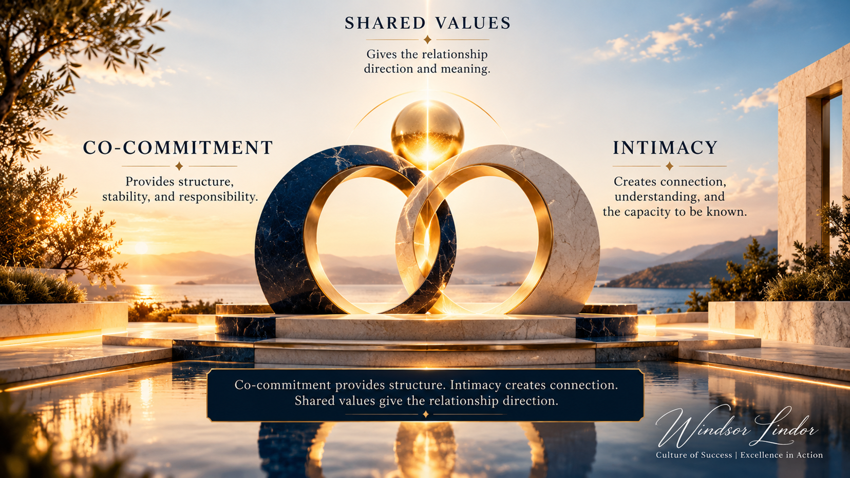Three balanced architectural forms represent shared commitment, emotional intimacy, and values-centered connection.