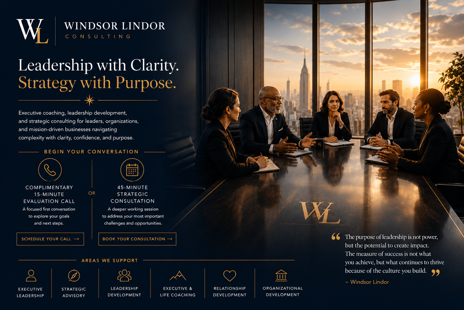 Windsor Lindor meeting privately with executive leaders to provide strategic consultation, leadership guidance, and organizational advisory.
