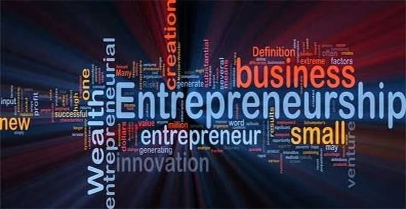 Colorful word cloud with terms like 'Entrepreneurship', 'Business', 'Innovation', 'Small', and 'Entrepreneur' on a dark background.