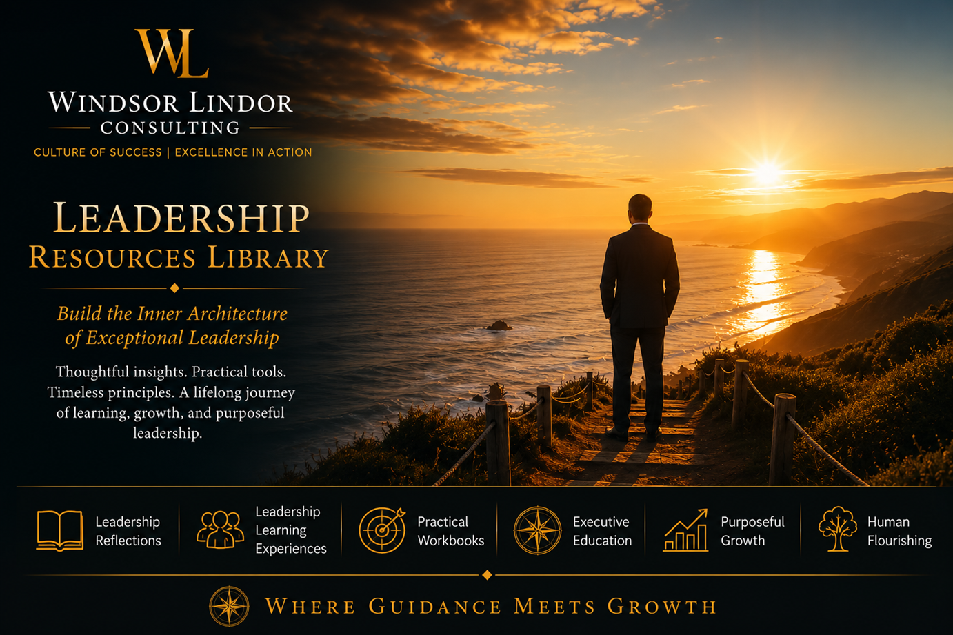 Executive standing at sunrise overlooking the Pacific Ocean, symbolizing lifelong leadership development, purposeful learning, strategic clarity, emotional intelligence, and human flourishing.
