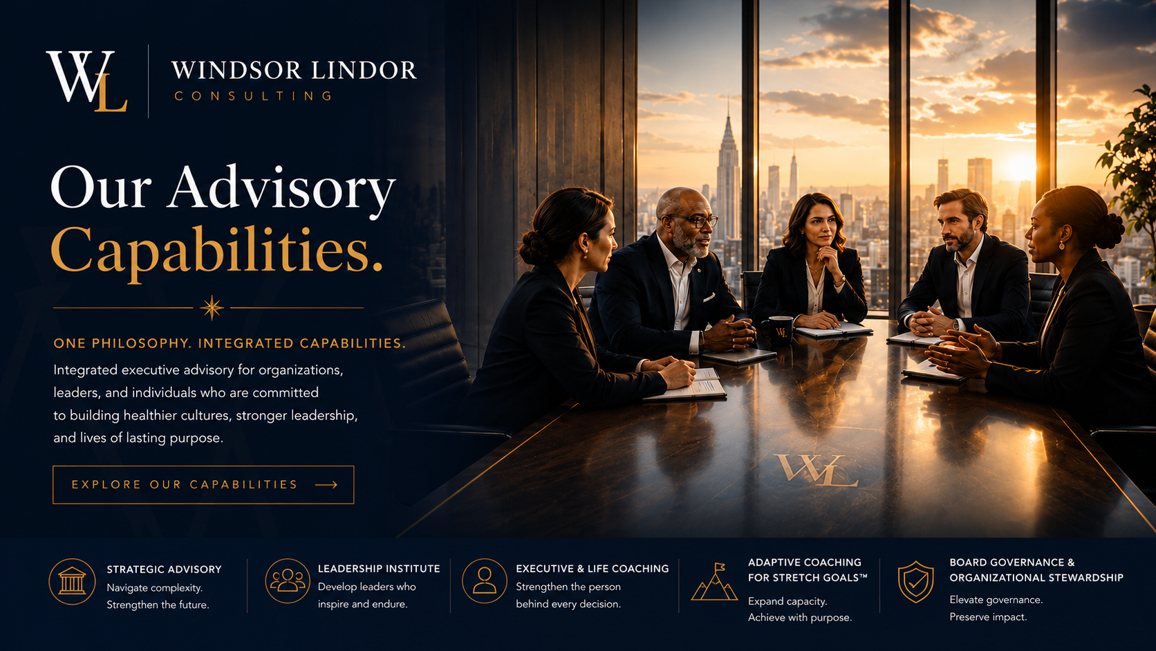 Executive leadership team collaborating in a modern boardroom,  representing Windsor Lindor Consulting's integrated advisory capabilities  in strategic advisory, leadership development, executive coaching, and  organizational stewardship.