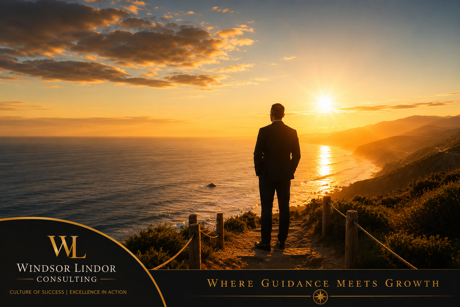 Executive reflecting at sunrise overlooking the ocean, symbolizing self-awareness, intentional leadership, emotional intelligence, and personal growth through purposeful reflection.