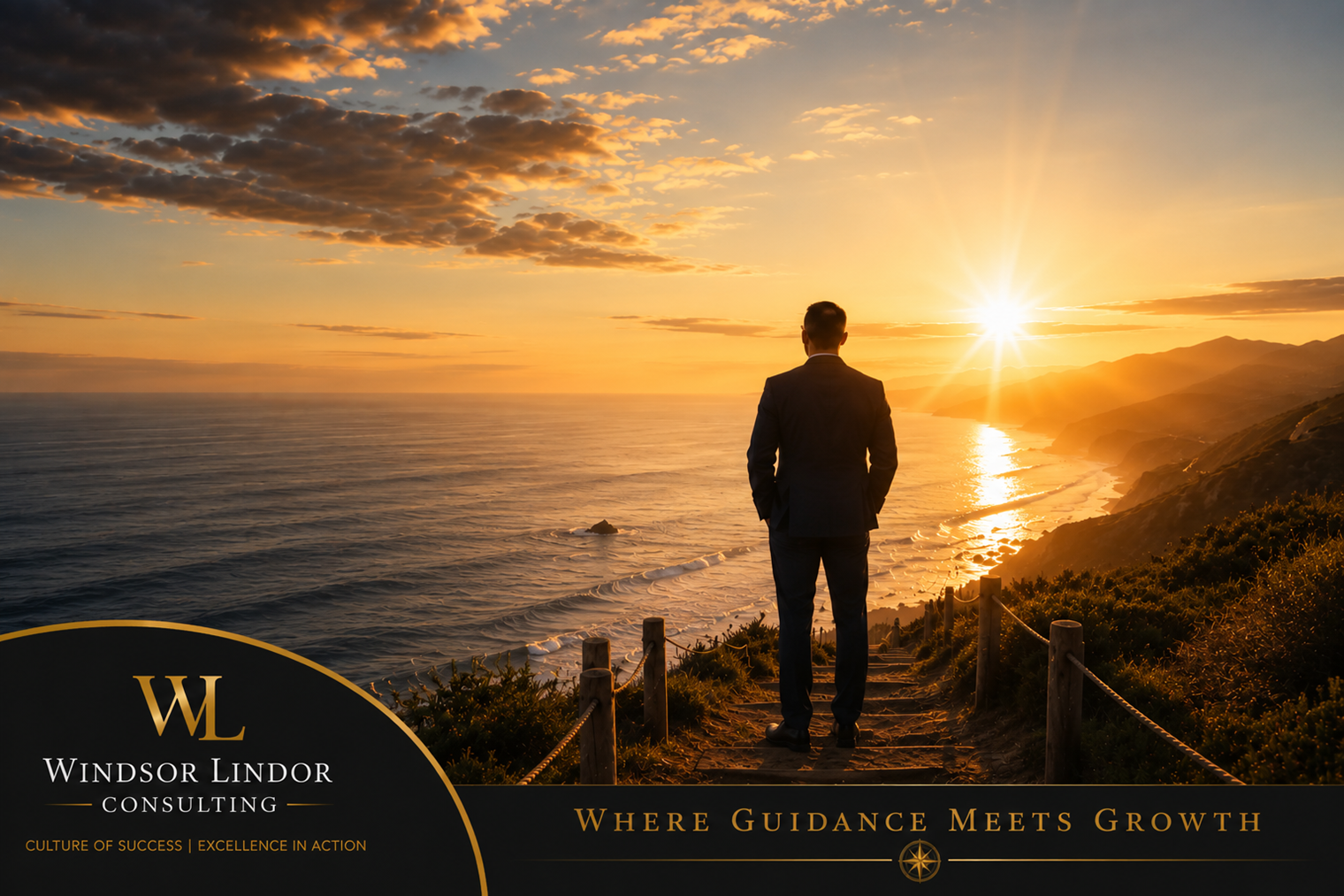 Executive standing at sunrise overlooking the Pacific Ocean, symbolizing vision, purpose, intentional leadership, life planning, strategic thinking, and meaningful personal growth.