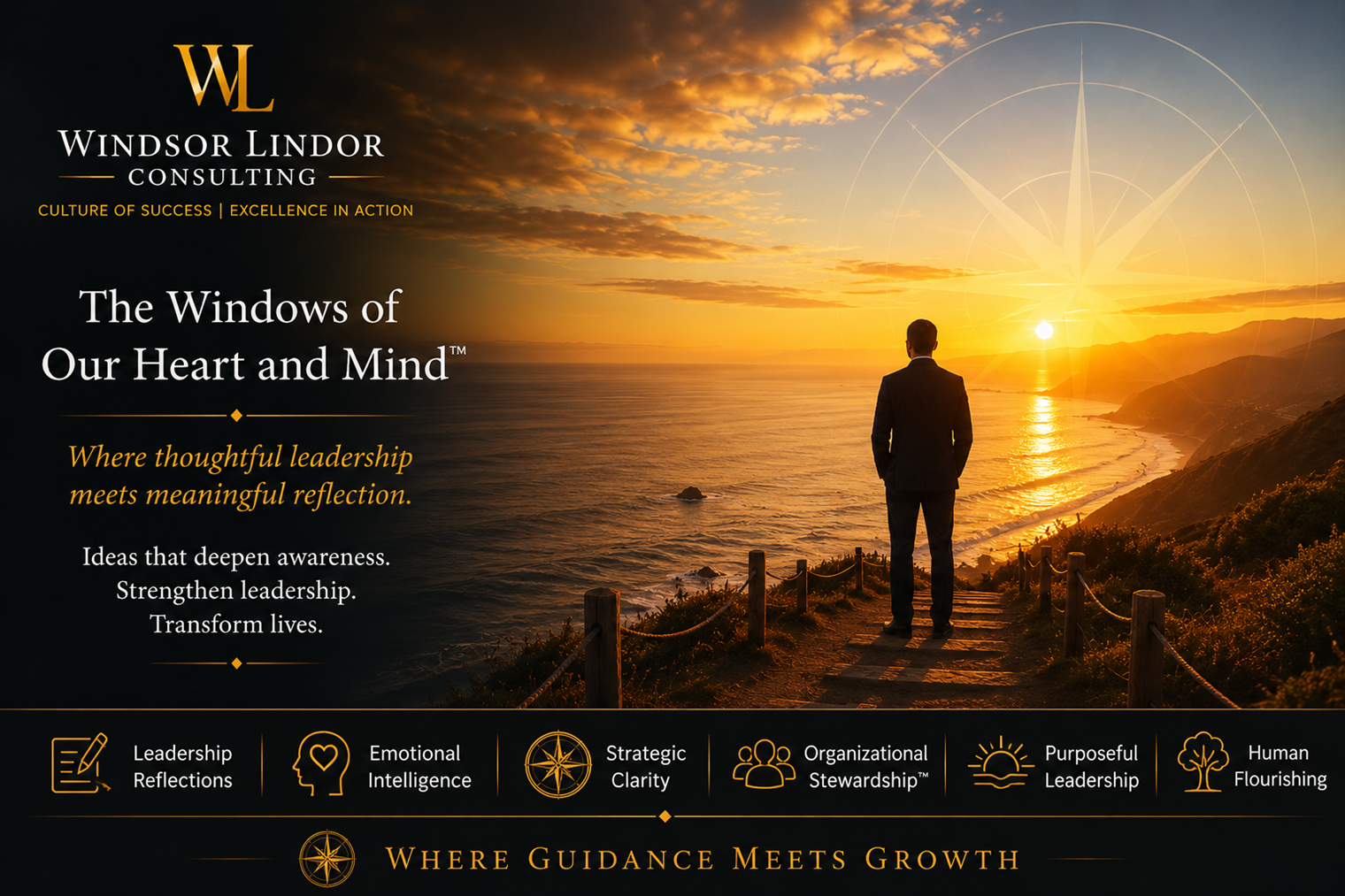 Executive standing at sunrise overlooking the Pacific Ocean, symbolizing thoughtful leadership, reflection, emotional intelligence, strategic clarity, and purposeful growth.