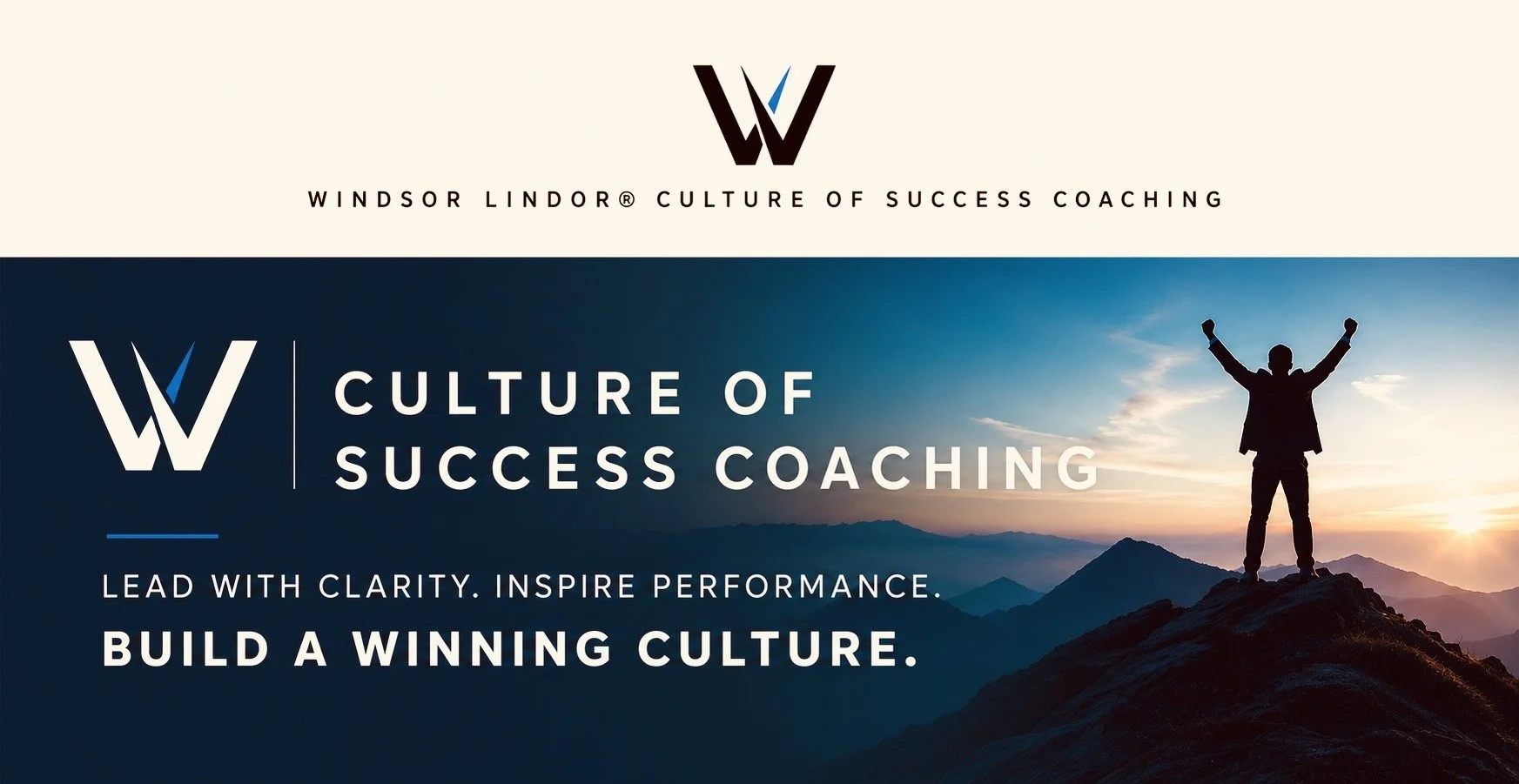 A refined executive coaching hero image featuring the Windsor Lindor® Culture of Success Coaching brand mark, set against a deep ocean-blue mountain landscape at sunrise.