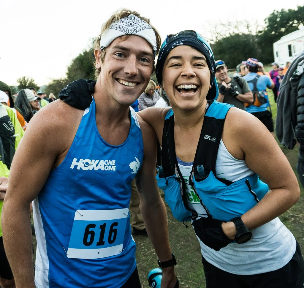 Murillo at the SOB 50K start with Kris Brown , Hoka athlete and Rabbit Pro.