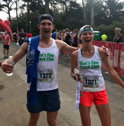 Doug with his wife Isabel after both set big PRs at the Kaiser Permanente Half Marathon. Photo: TFTC .
