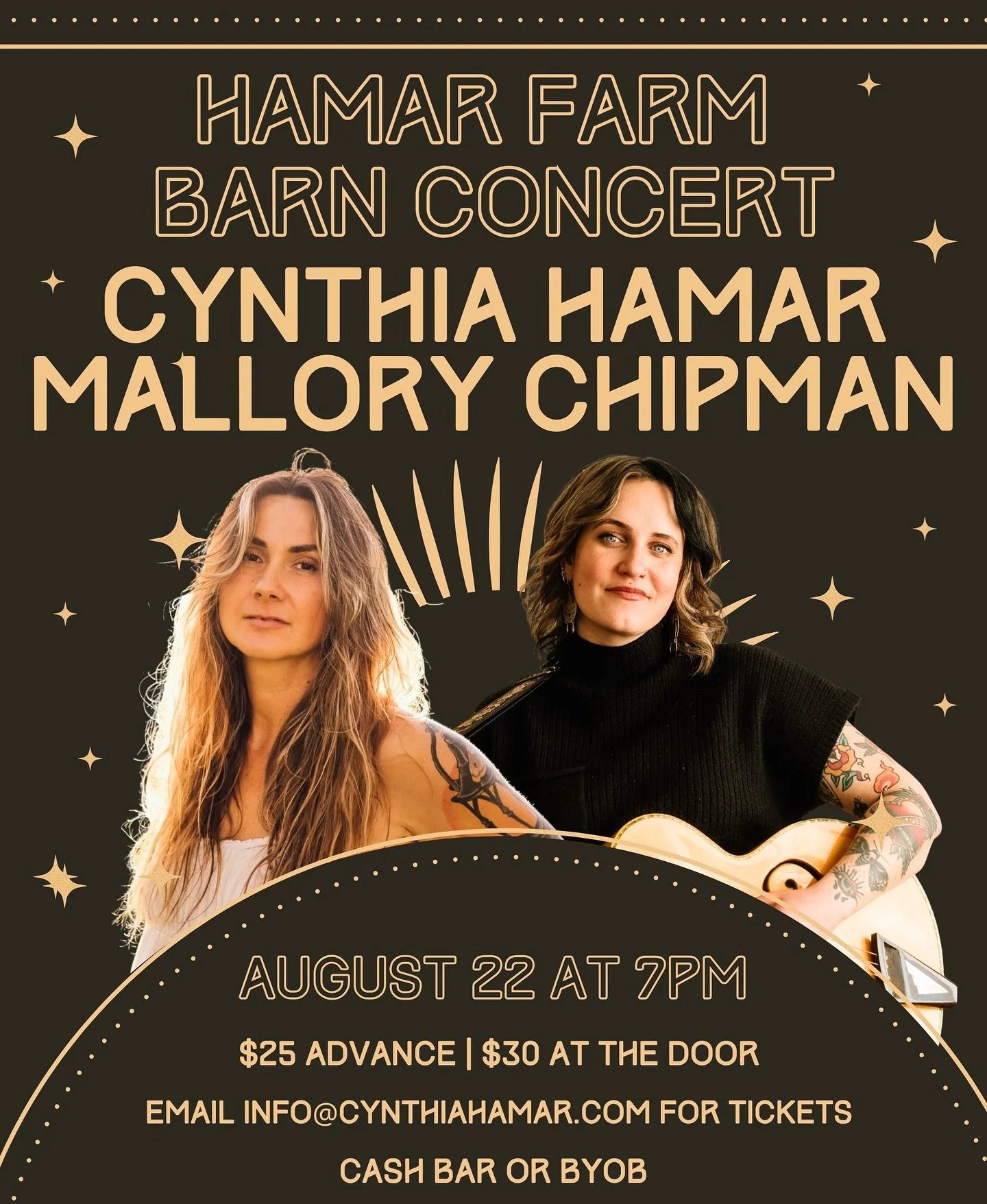 ✨ Barn Concert &ndash; August 22 ✨
We&rsquo;re turning our barn into a stage for a special summer night!

August 22, 2025:
🖤 Bring a lawn chair, BYOB, and cash for merch.
📍 Email info@cynthiahamar.com for tickets + address.
🎟 $25 via e-transfer or