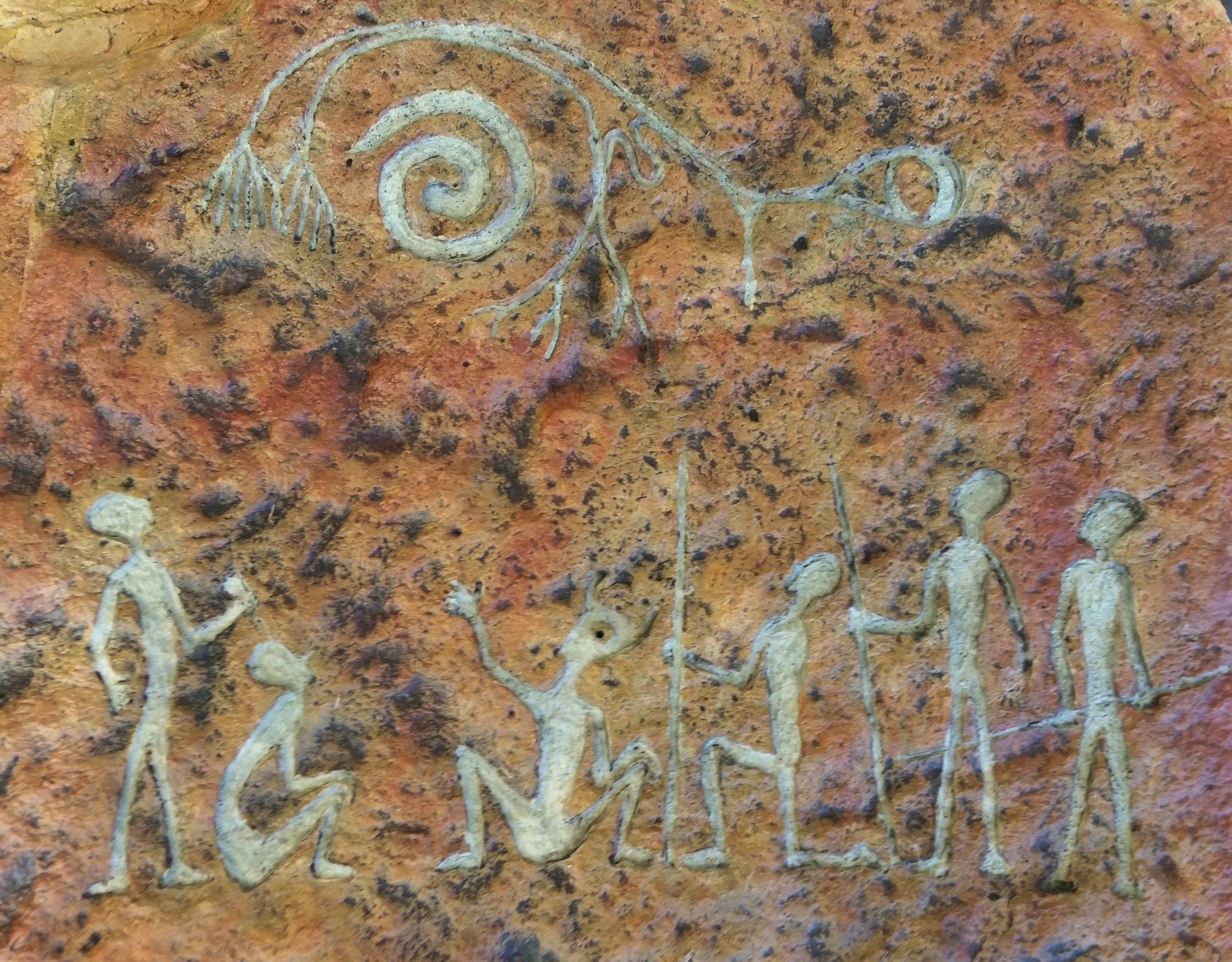 STORYTELLER, Carved Stone with Red Ochre and Animal Bone Pigments, 30lbs Wisconsin Sandstone Flatrock. Aged, then weather treated. $150