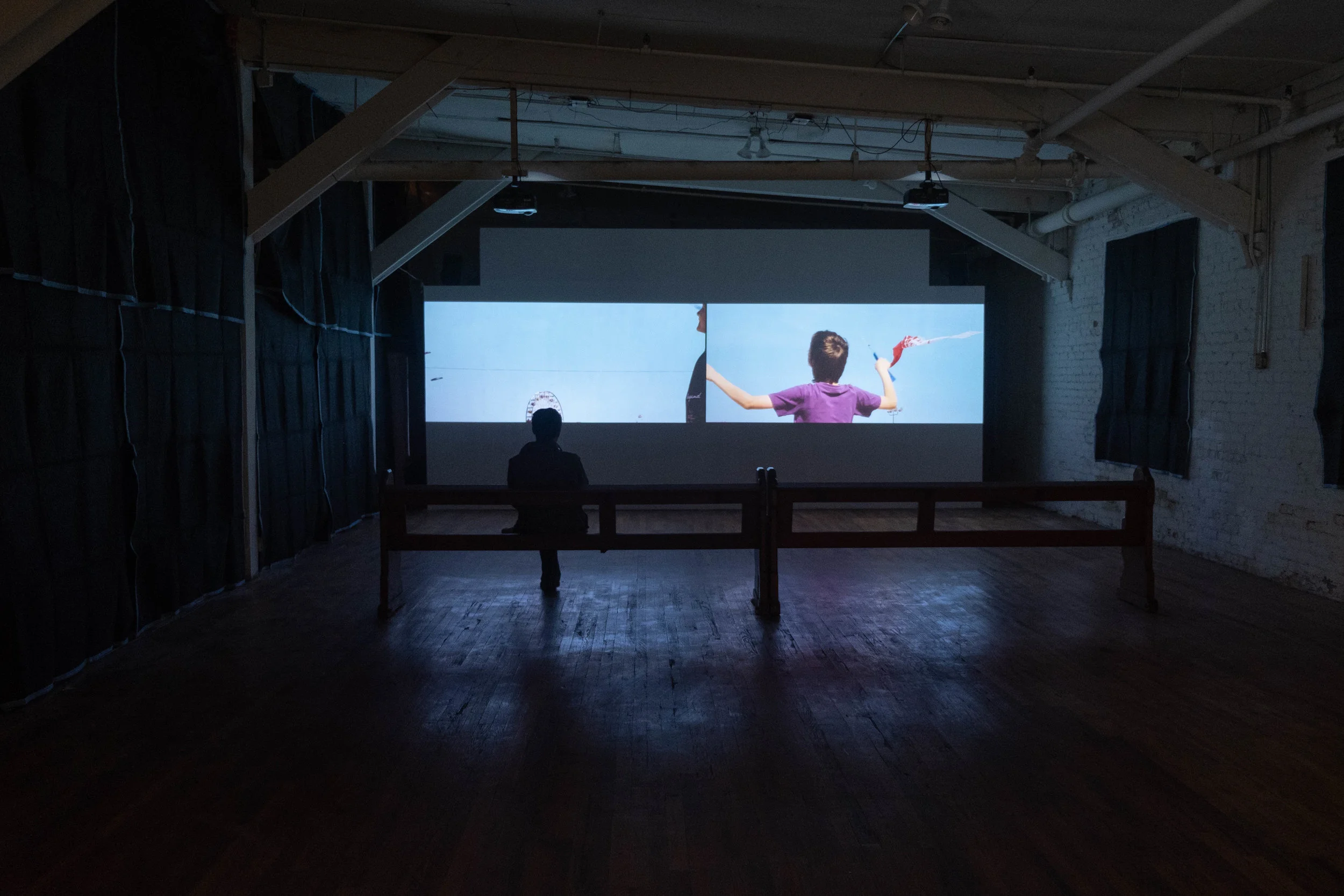 Installation of Alison O’Daniel, The Tuba Thieves: Nyke and the New York Kite Enthusiasts (2015) in Melt My Heart But Spare My Soul . Image by Sarah-Anne Wagoner. Courtesy of Stove Works.