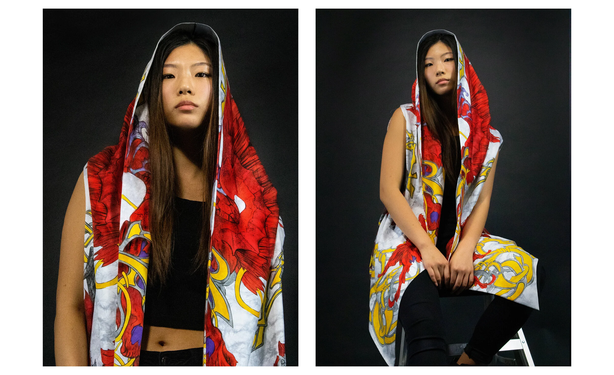 Side-by-side portraits of a young woman with long dark hair, wearing a colorful patterned scarf with red, yellow, and purple designs. In the left image, she faces forward with a neutral expression, wearing a black top. In the right image, she sits on