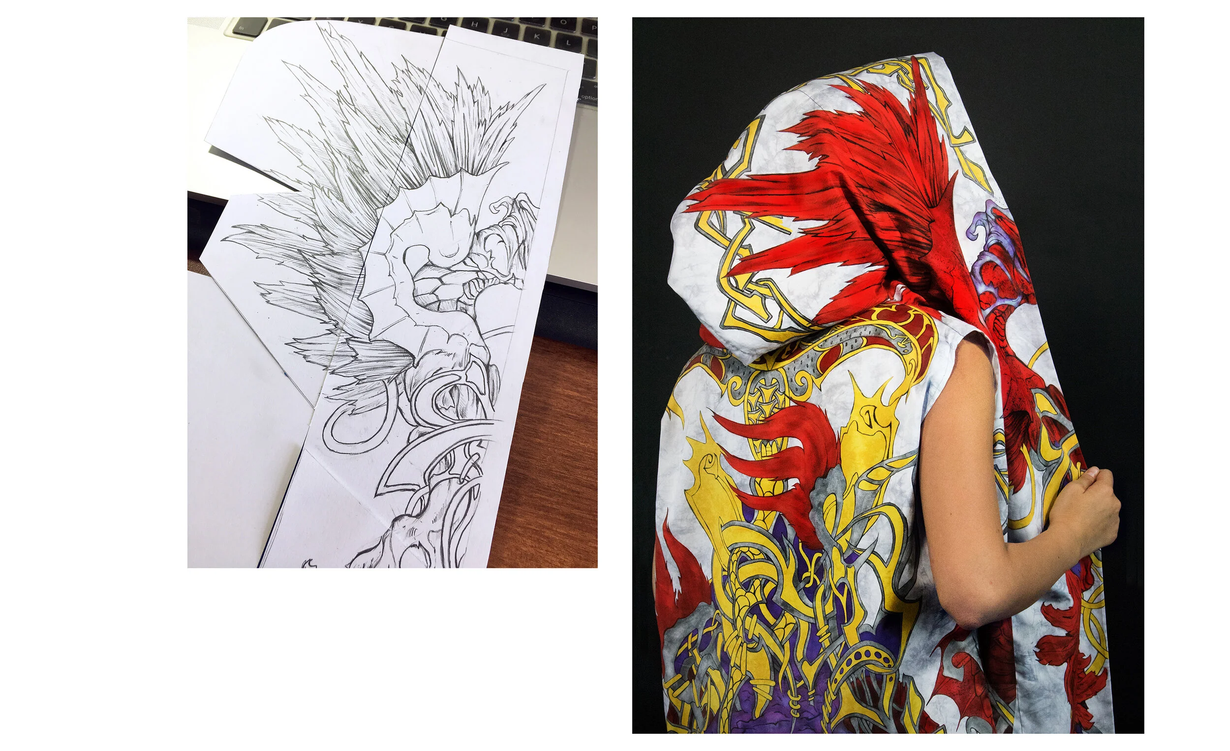 A side-by-side comparison of a tattoo design sketch on paper and the finished tattoo on a person's arm. The sketch features an intricate dragon with detailed scales and flames, while the actual tattoo showcases a colorful, stylized red dragon with ye