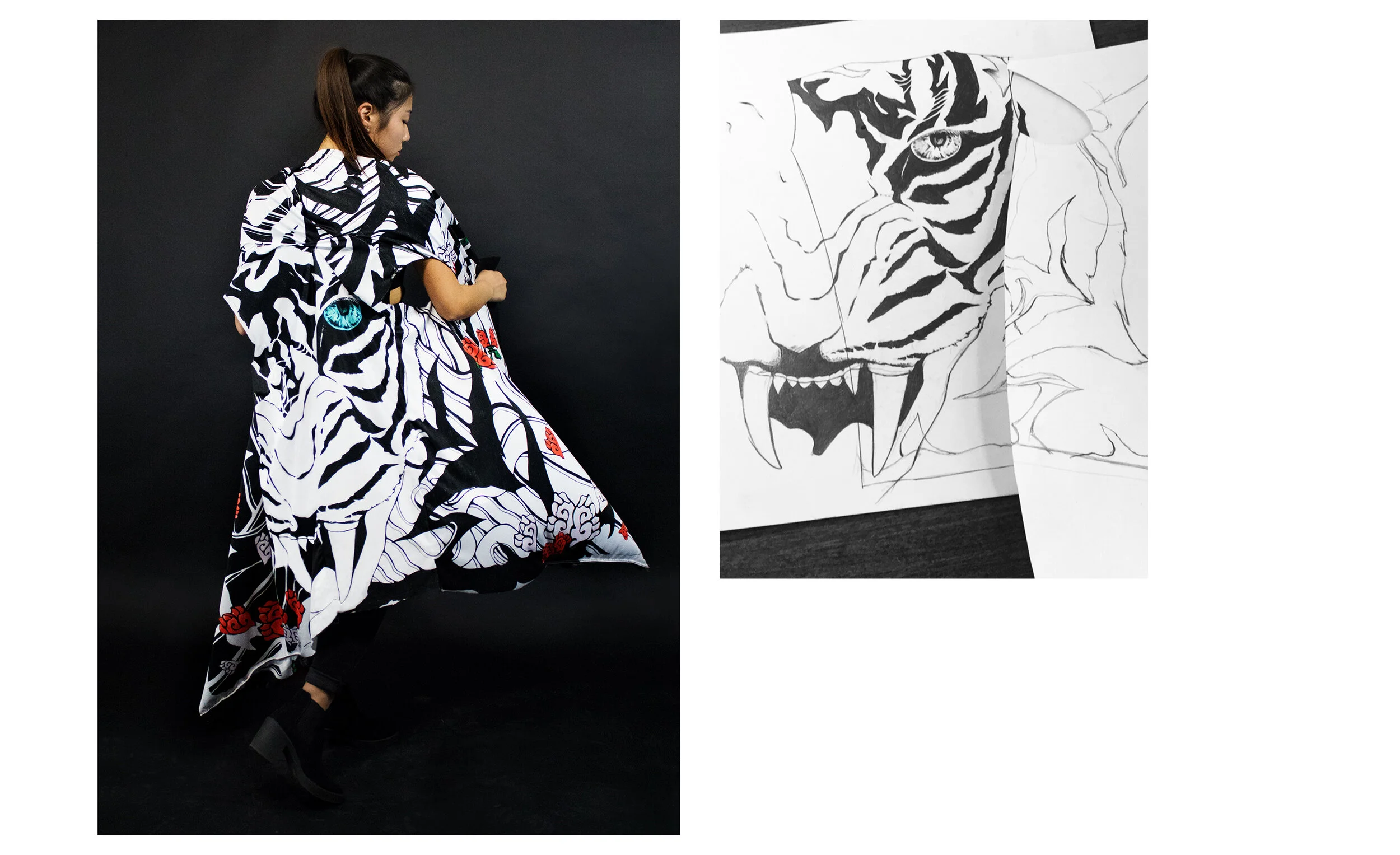 A woman wearing a black and white animal print kimono with red accents stands against a black background, alongside a black and white sketch of a tiger's face.