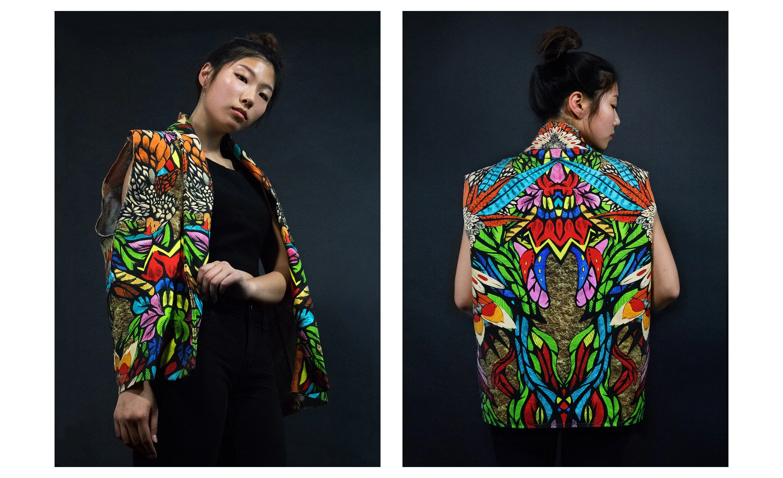 A young woman with her hair in a bun wearing a colorful, patterned scarf over a black top. She is standing against a dark background, visible in both front and back views.