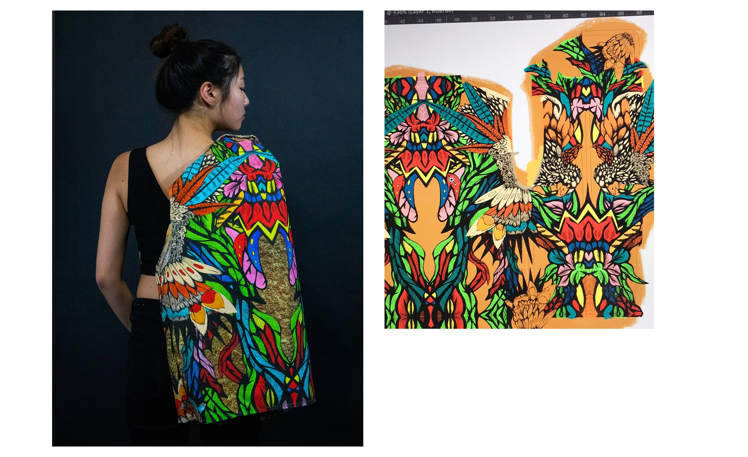 A woman with dark hair tied in a bun wearing a sleeveless black top, standing against a dark background, is seen from the side. She is wearing a colorful jacket with butterfly and floral patterns, which is also displayed as a close-up on a white back