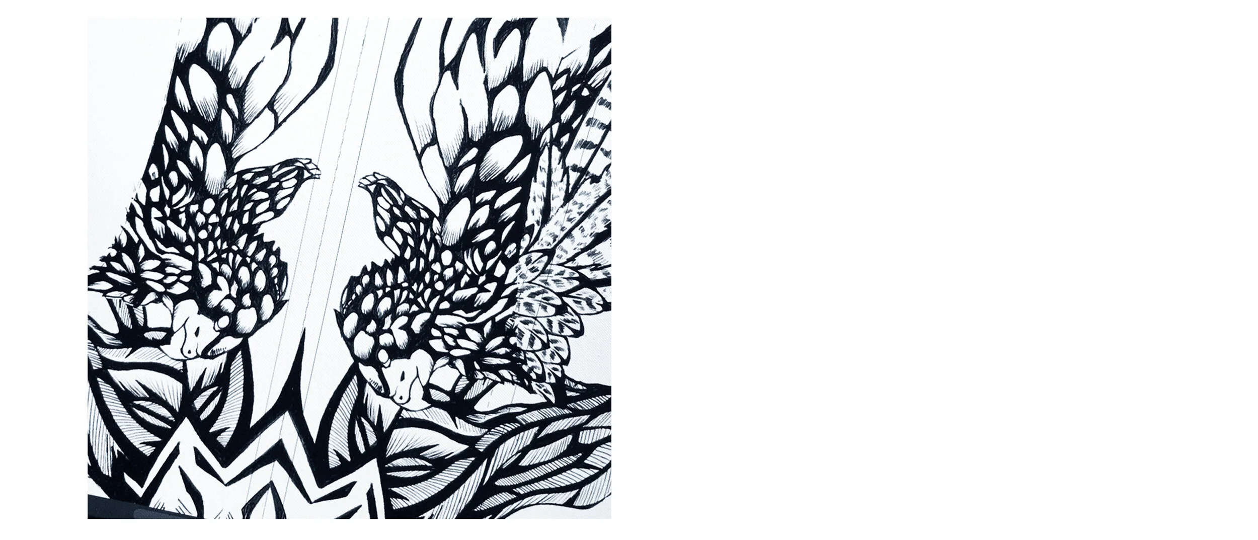 Black and white ink illustration of butterflies with detailed wing patterns among leaves and abstract shapes.