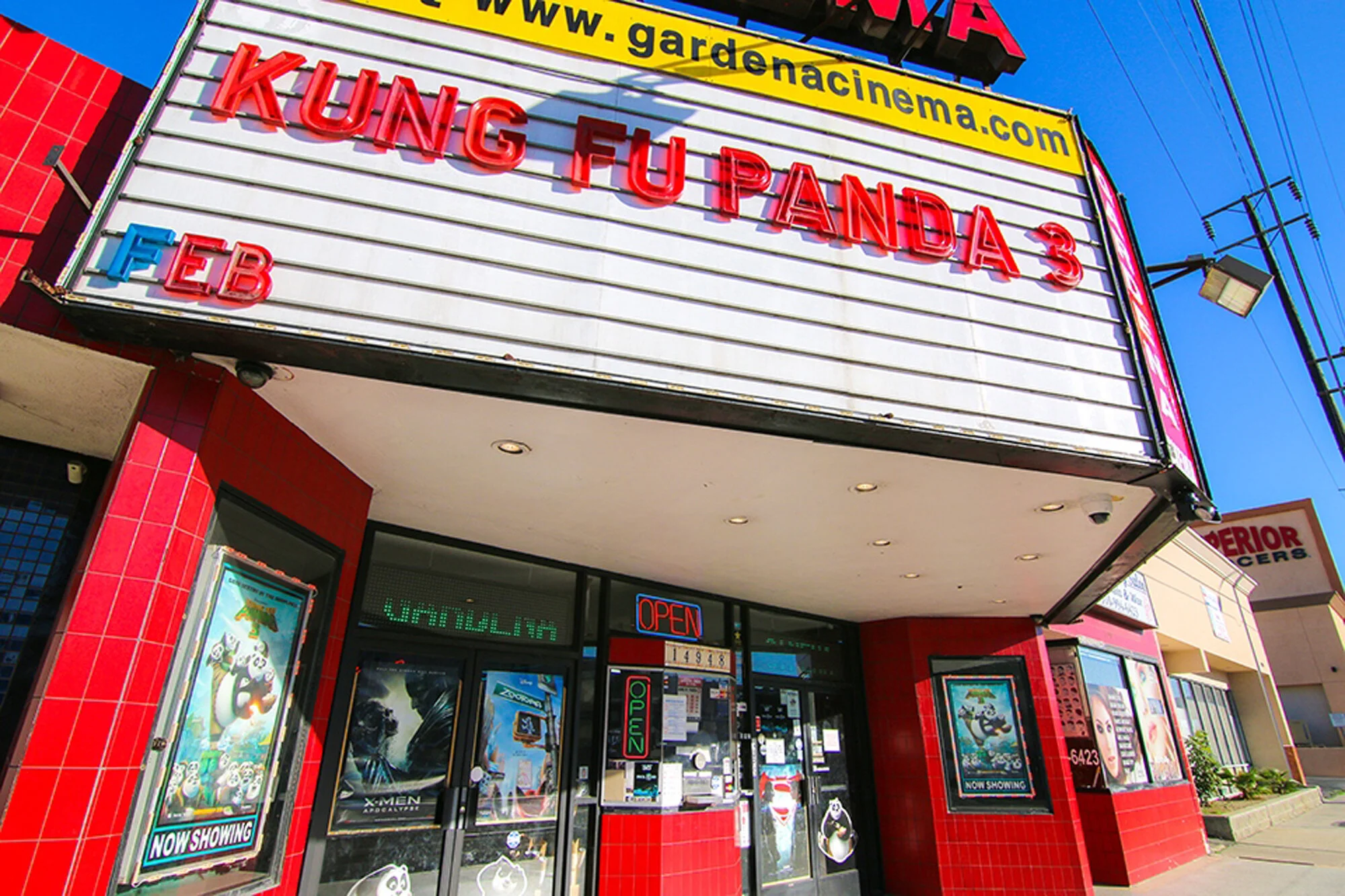 Movie theater marquee advertising Kung Fu Panda 3, illustrating Hollywood's reliance on franchise sequels