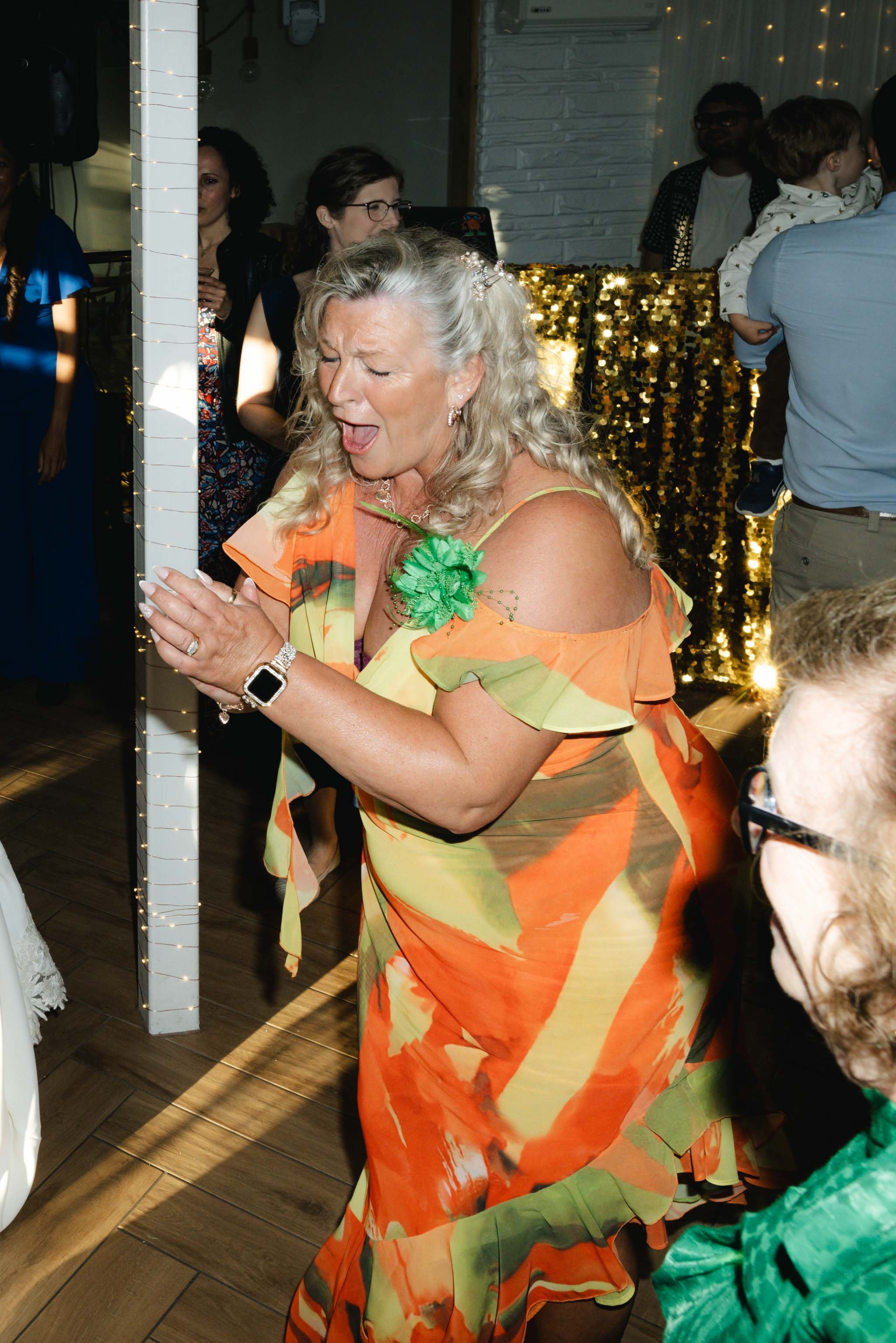 Wedding guest dancing at Watermouth Cove Weddings