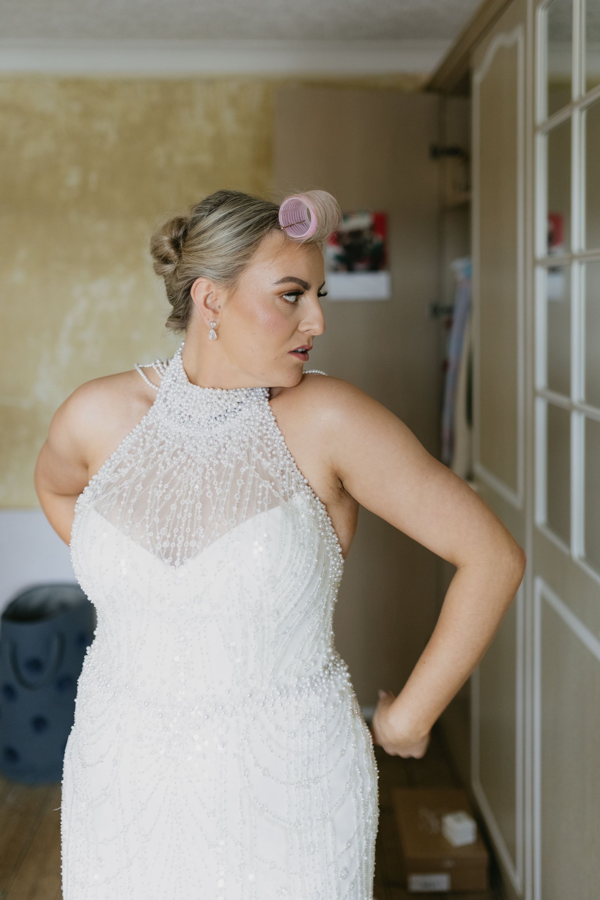 Bride getting ready at home on NYE morning in Oldham